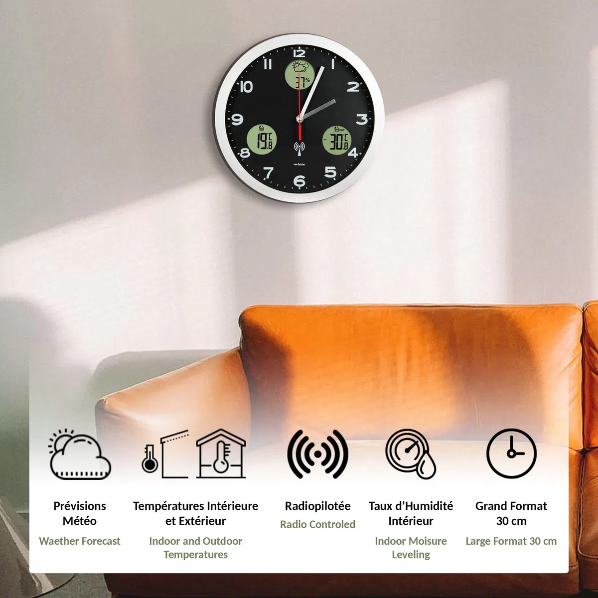Orologio da Parete Stazione Meteorologica - Visualizzazione digitale : Previsioni + Temperature interna/esterna + Igrometro interno - Radiopilotato - Sensore termometro esterno - Ø 30 cm