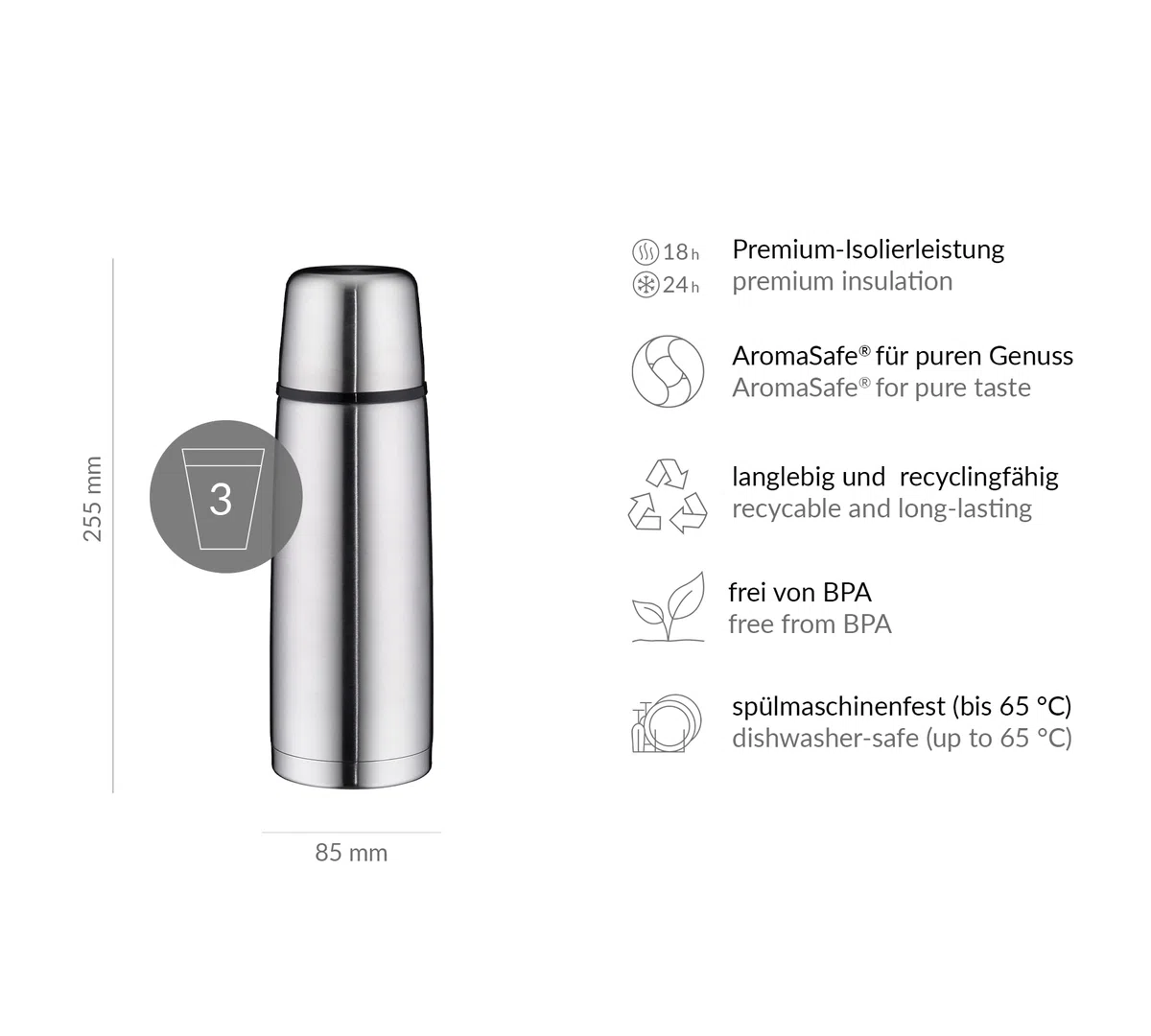 alfi ISOTHERM DV 750ml, borraccia isolante in acciaio con bicchiere, chiusura a vite a tenuta ermetica, tiene caldo per 18 ore, anti-impronte, durevole, per lavastoviglie, senza BPA