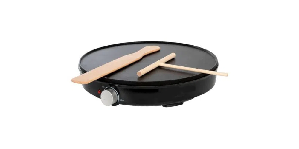 Crepiera Elettrica 1000W, Piastra Antiaderente 30 cm con Termostato Regolabile e Spatole in Legno, Ideale per Crepes, Pancake, Omelette, Frittate e Piadine