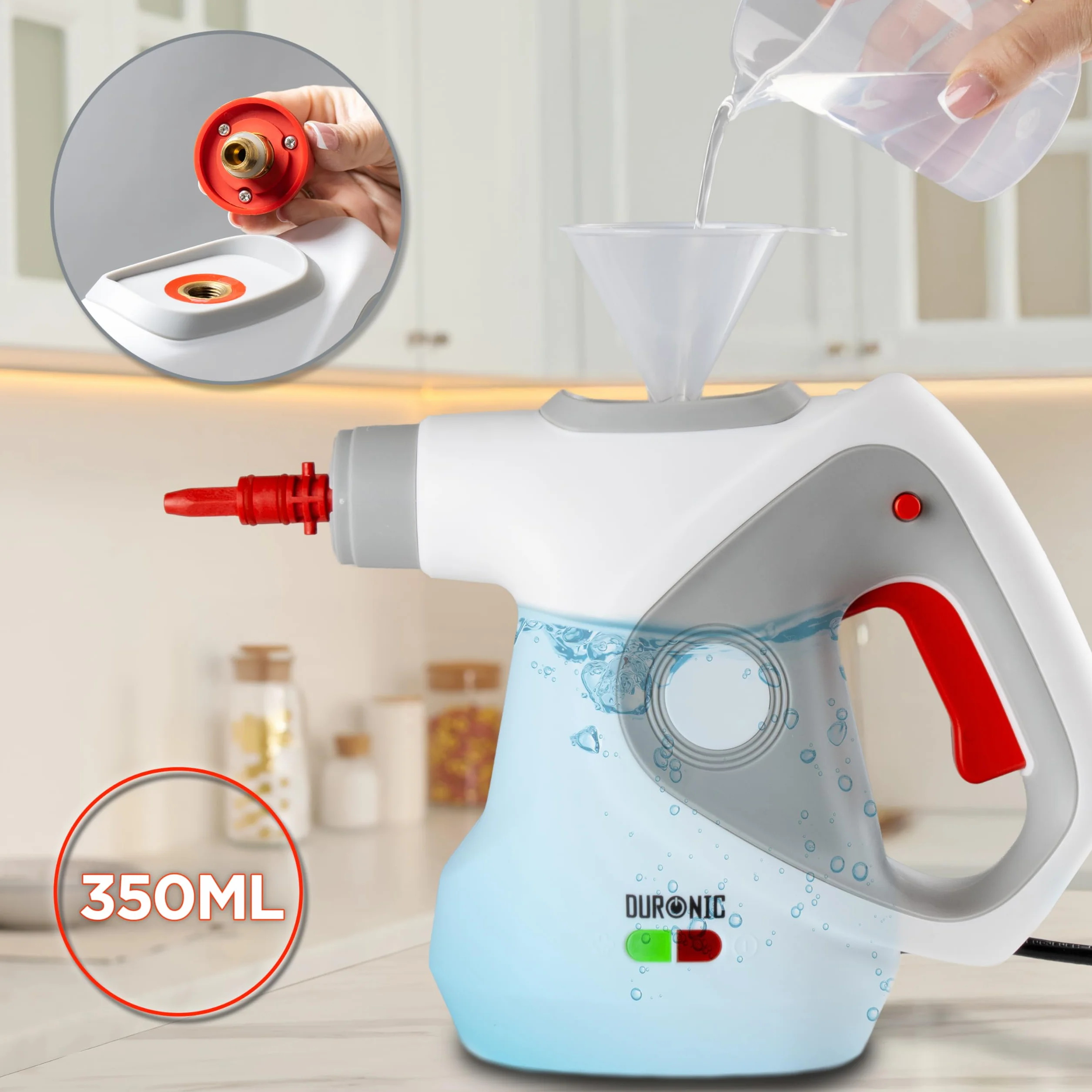 Duronic SC32 WE Pulitore a Vapore Portatile 1050W con Serbatoio 350 ml, Pulizia a Vapore Multifunzione Senza Detergenti per Divani Tessuti Fughe Doccia Forno Cucina Vetri Finestre Auto Bianco