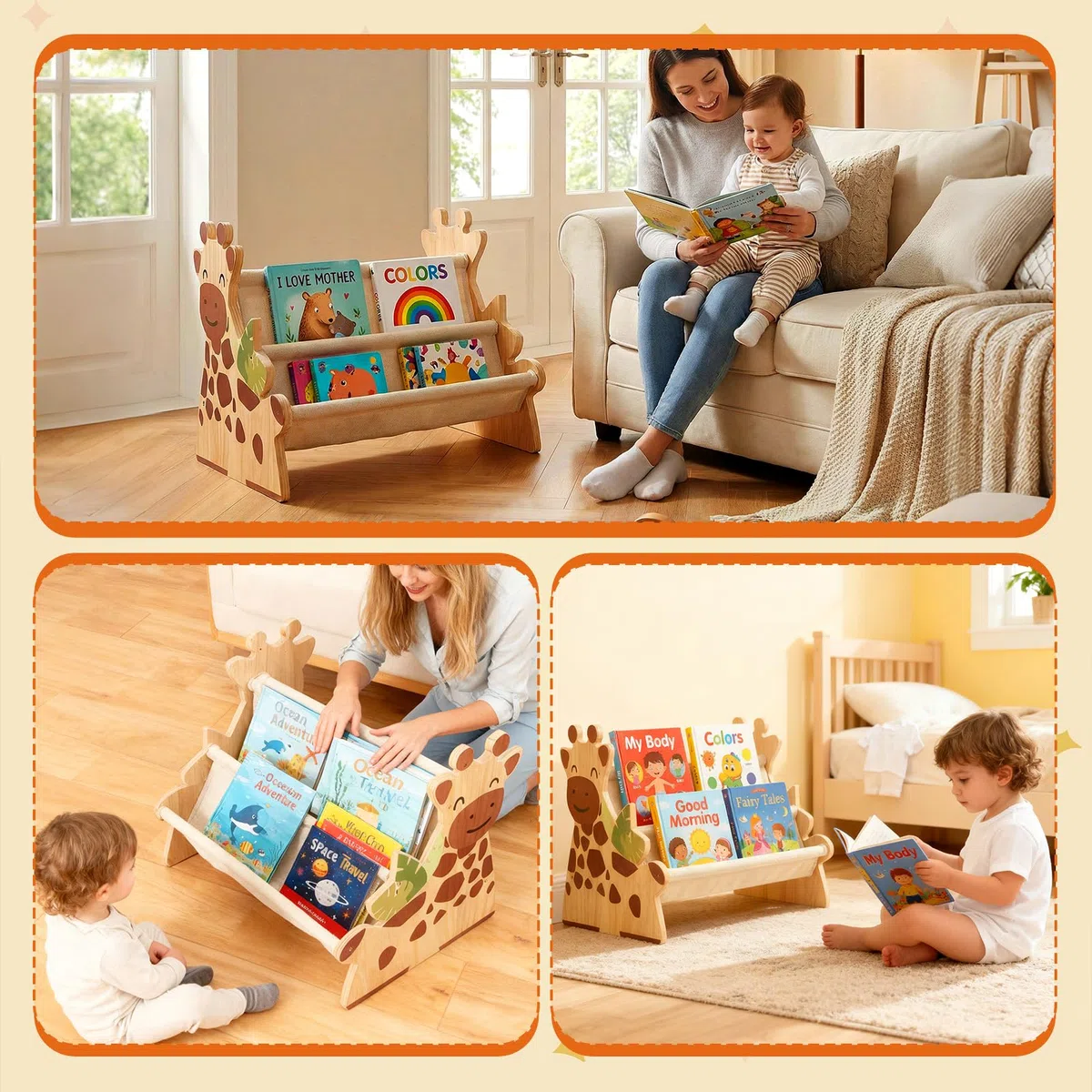 Libreria per Bambini in Legno, Scaffale Porta Libri Doppia Faccia con Tasche in Tela, Stile Montessori Portatile con Maniglia, Organizzatore Giochi in Legno per Cameretta