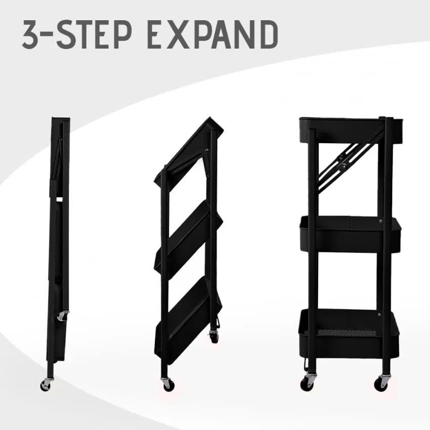 Carrello da cucina pieghevole portavivande 3 ripiani con ruote Pikas - Nero