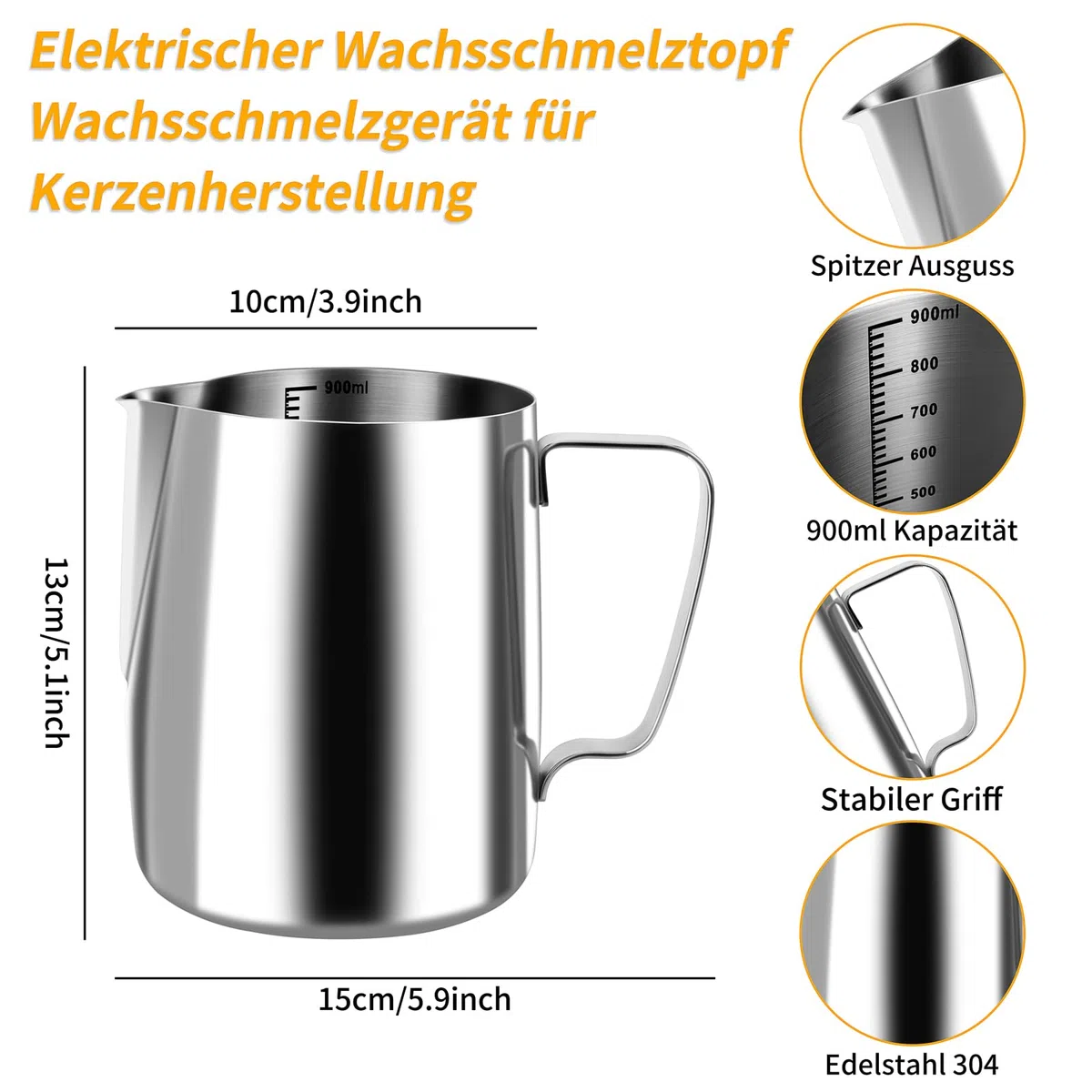 Kit per la produzione di candele JelyArt Set per la creazione di candele fai da te incluso pentolino per sciogliere la cera (900ml), 6 barattoli, 100 stoppini, 60 etichette adesive – Candele fai da te