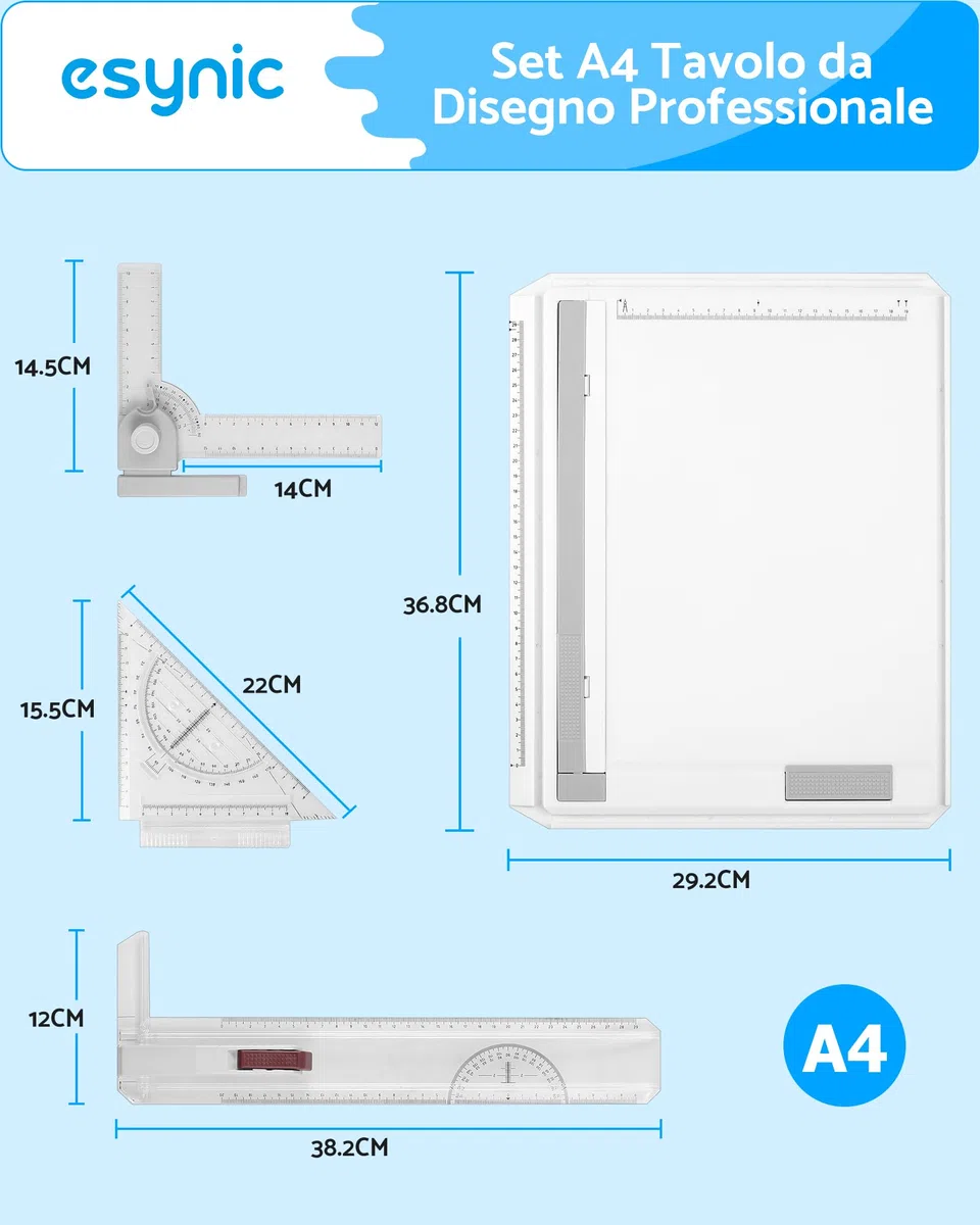 eSynic Tavolo da disegno A4 37 x 30 cm Multifunzionale con Sistema di Misurazione Regolabile Angolo Set Tavolo da Disegno Scrittoio con Goniometro Localizzatore Carta Righello Scorrevole