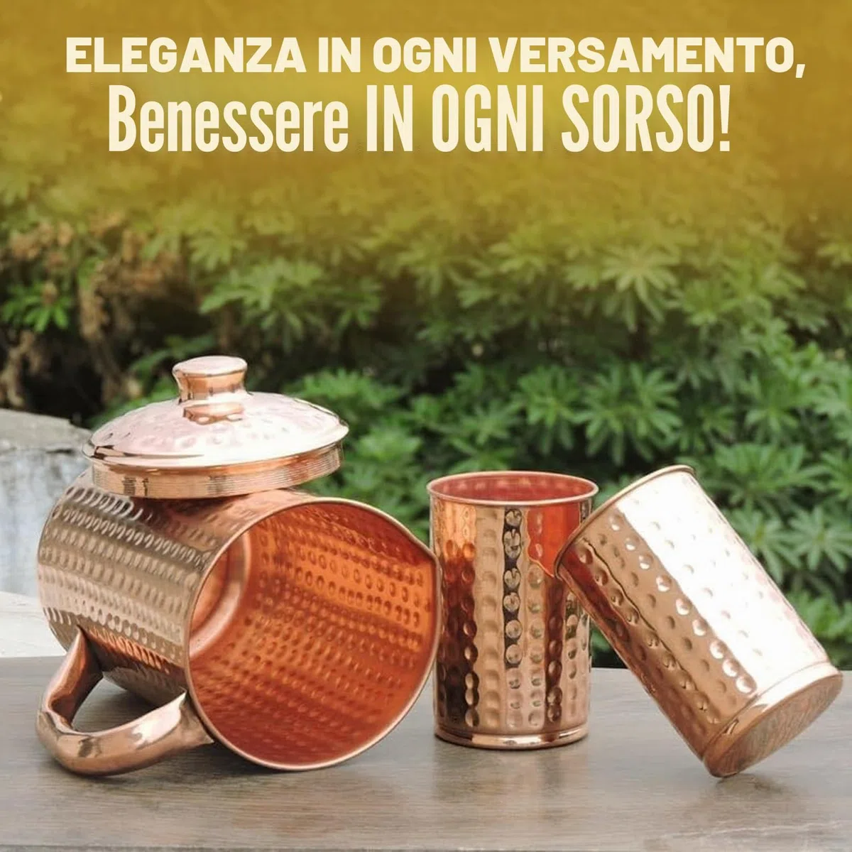 Brocca in rame puro al 100% da 1500 ml con 2 bicchieri, brocca martellata per acqua potabile con bicchieri, set di brocca in rame con coperchio e tazze, borraccia con manico, benefici per