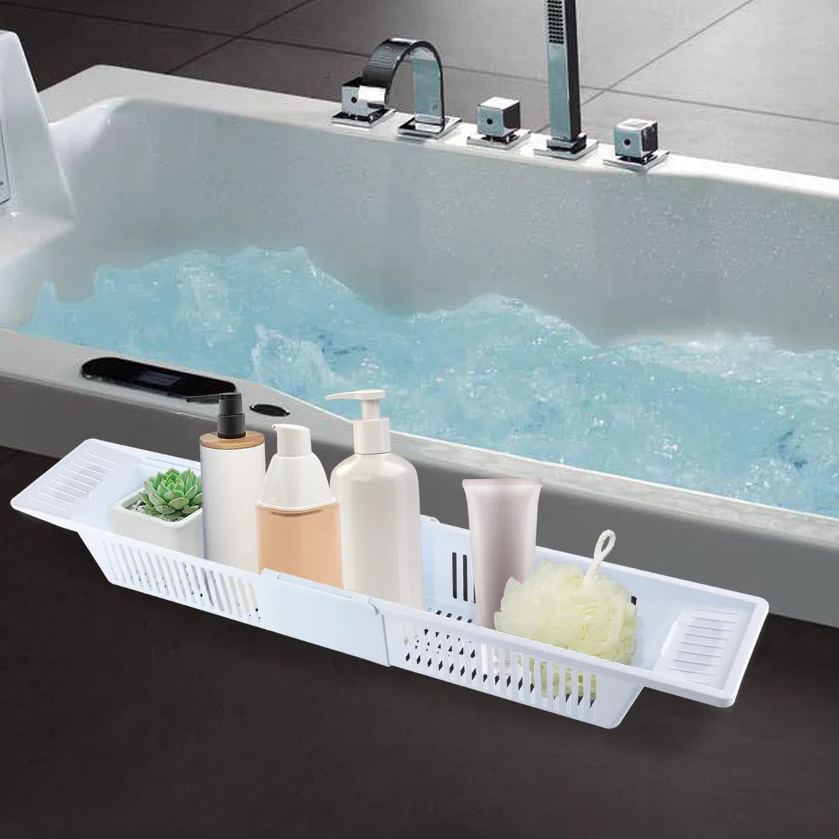 Vasca da bagno retrattile, colore bianco, in PP, regolabile 57 – 80 cm, vassoio da bagno per vasca e lavello della cucina, per articoli da toeletta e stoviglie