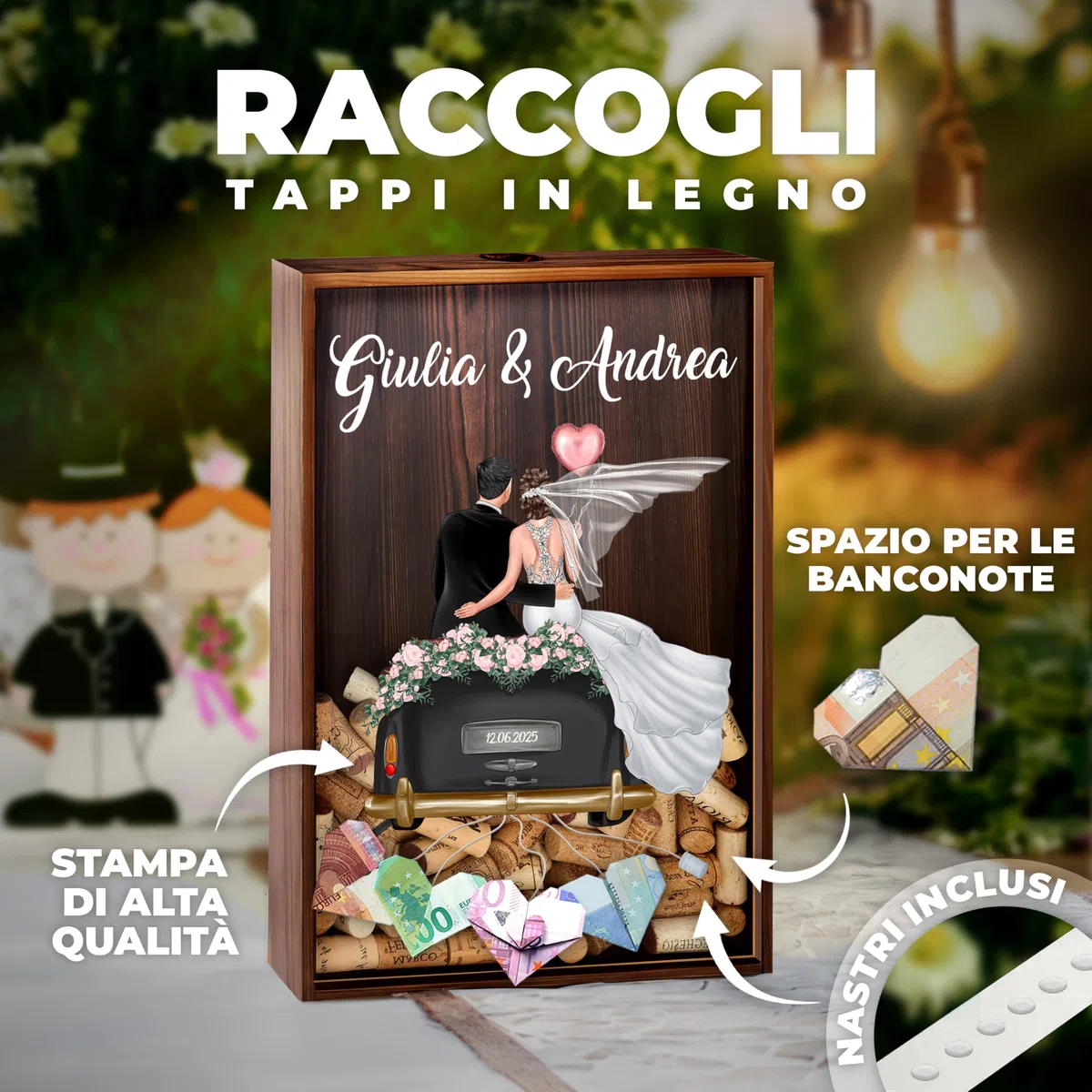 Maverton Raccoglitore Tappi Personalizzato per Matrimonio - Salvadanaio di Sughero - Scatola Legno Con Cavatappi e Porta Soldi - Busta Regalo - Regali Personalizzati Sposi