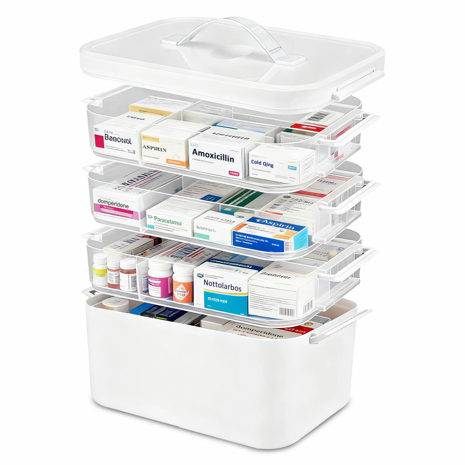 Contenitore per medicinali, Scatola Organizer per Medicinali 4 Livelli, scatola per farmacia domestica con maniglia per il trasporto, organizer per medicinali multifunzionale per casa, 28*19*27cm