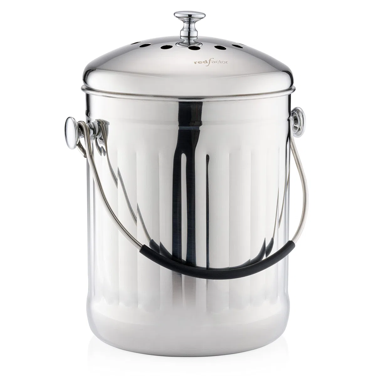 RED FACTOR Premium Compostiera da Cucina Inodore in Acciaio Inox - Filtri di Ricambio in Carbone Attivo Inclusi (5 Litri, Inox Lucido)