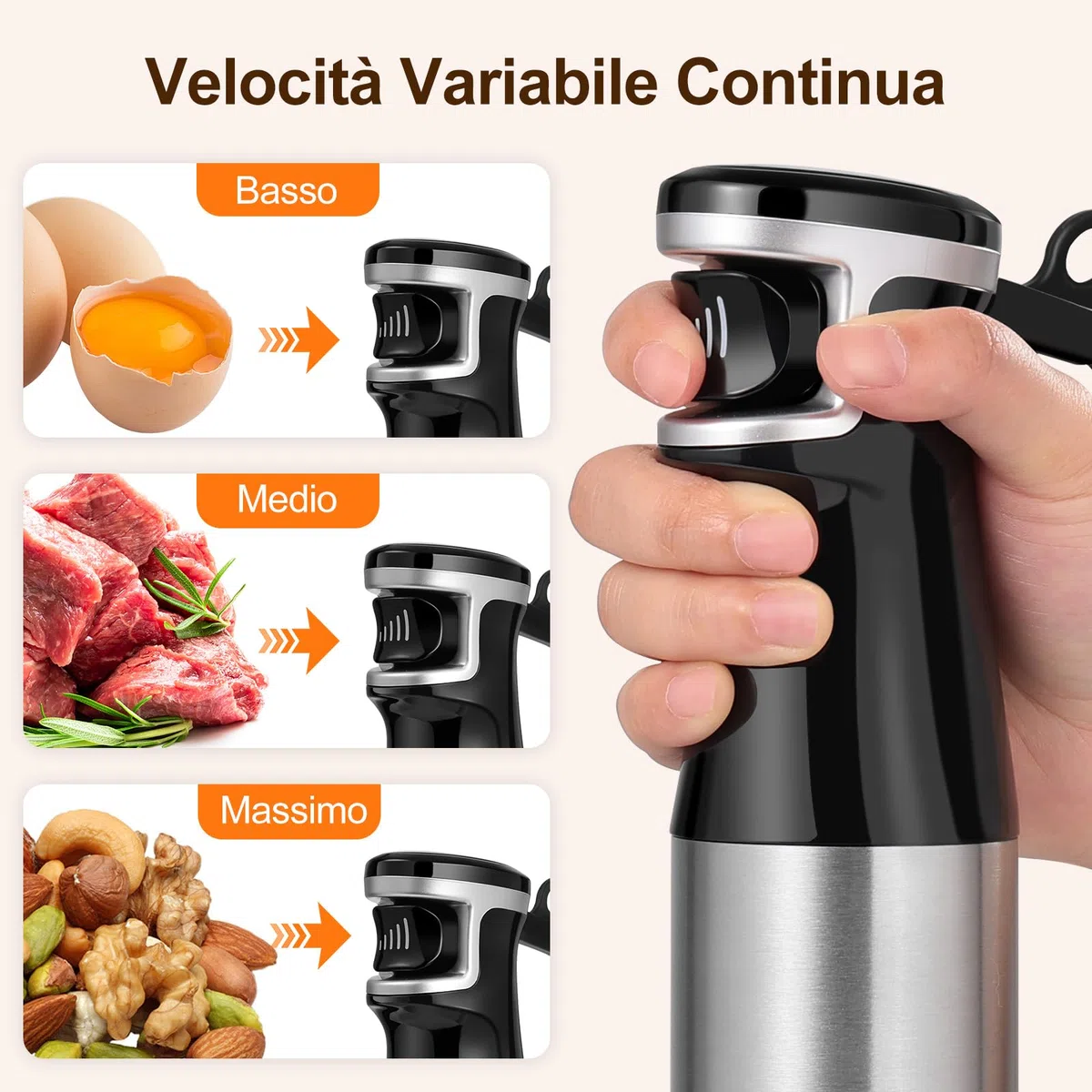 1000 W Frullatore a Immersione, 5 in 1 Frullatore Tritatutto Multifunzionale Con Velocità Regolabile, Include Frusta, Montalatte, Tritatutto da 500 ml e Misurino da 600 ml