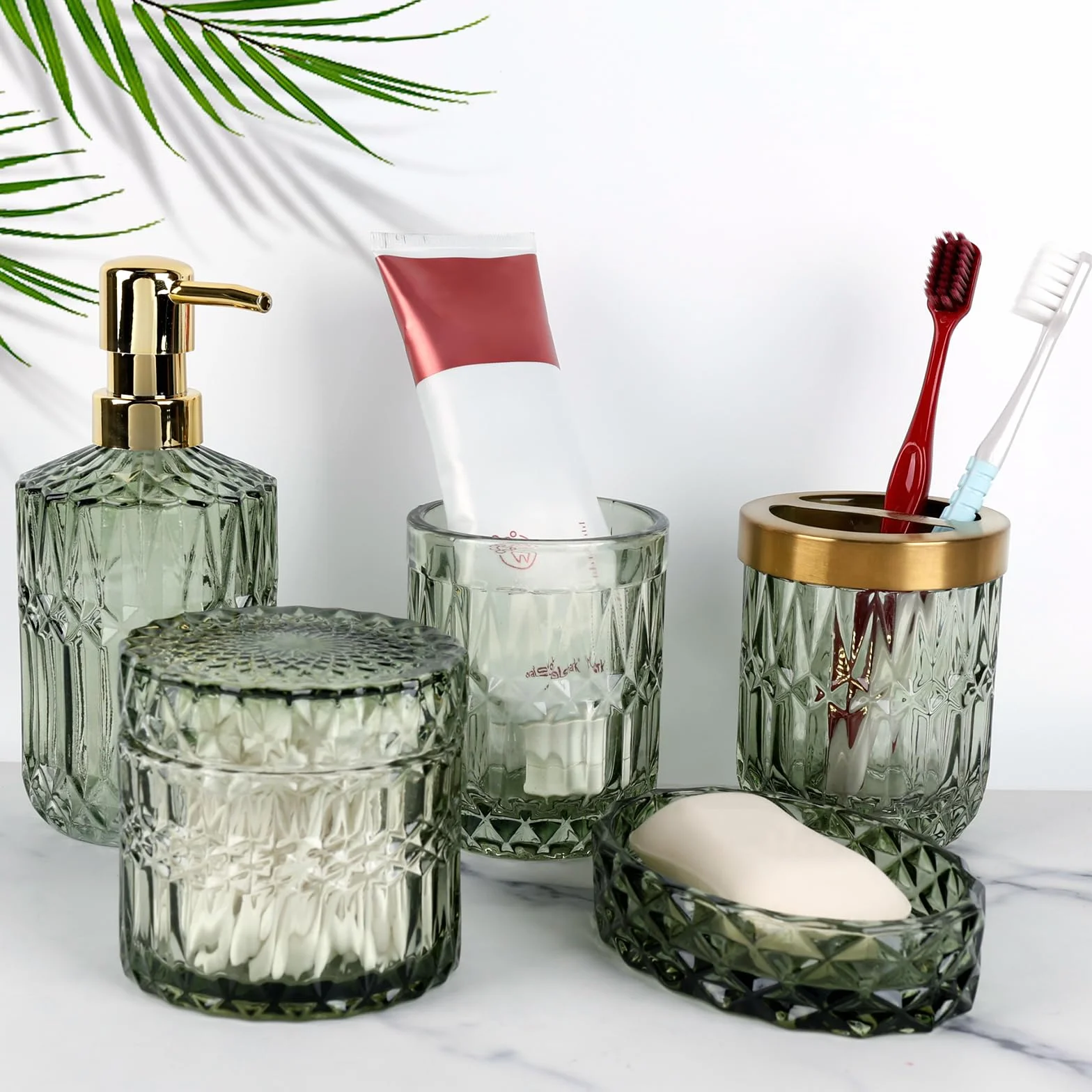 Set di 5 Accessori da Bagno in Vetro, Accessori da Bagno con Dispenser per Lozioni, Portasapone, Portaspazzolino, Tazza di Vetro, Barattolo di Cotton Fioc, Decorazione Moderna per Il Bagno