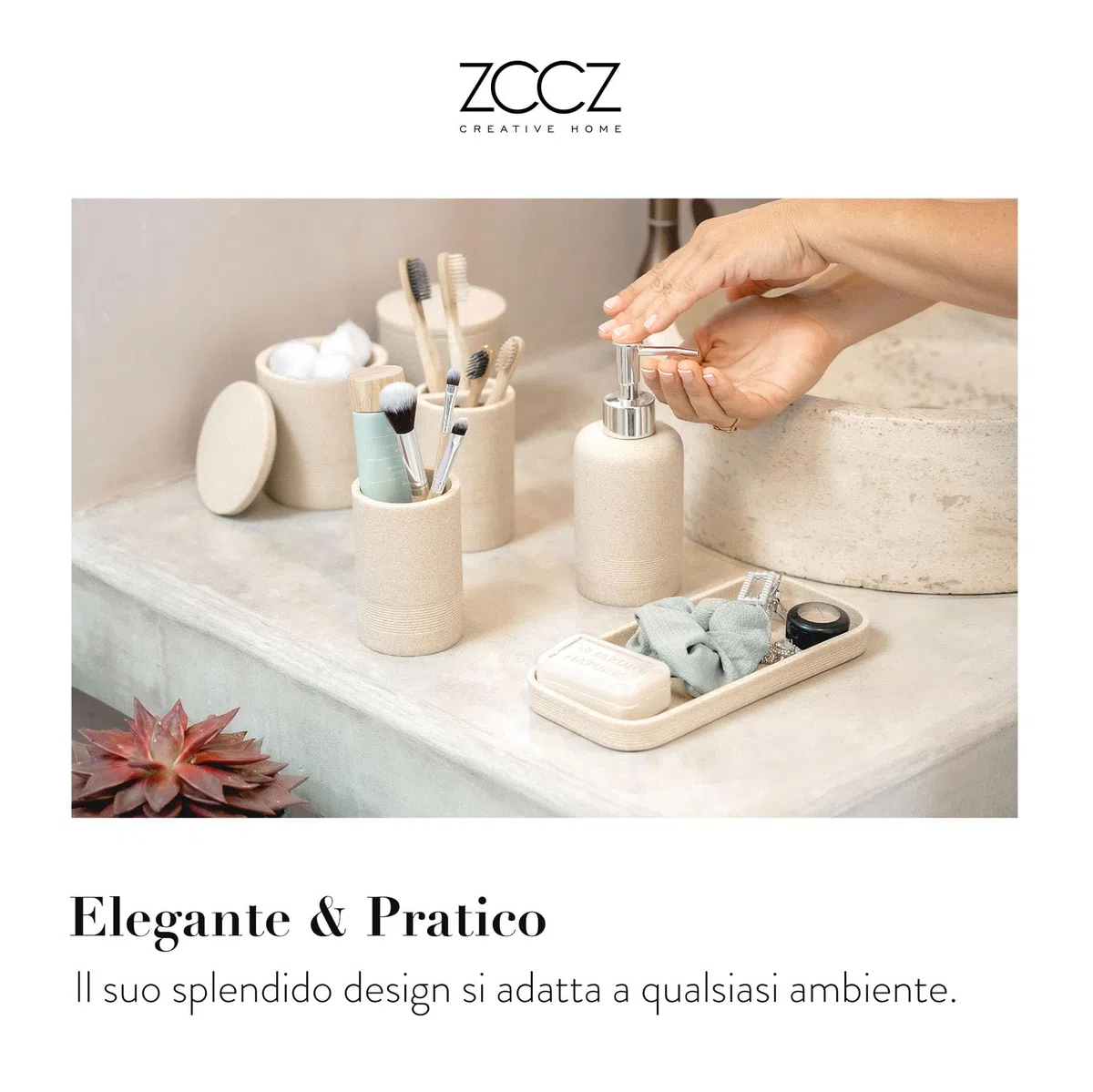 ZCCZ Set Bagno Accessori Completo 6 pezzi - Kit con Dispenser Sapone, Porta Spazzolino, Supporti Qtip, Bicchiere e Vassoio Vanità - Accessori Moderni per Bagno Elegante - Beige
