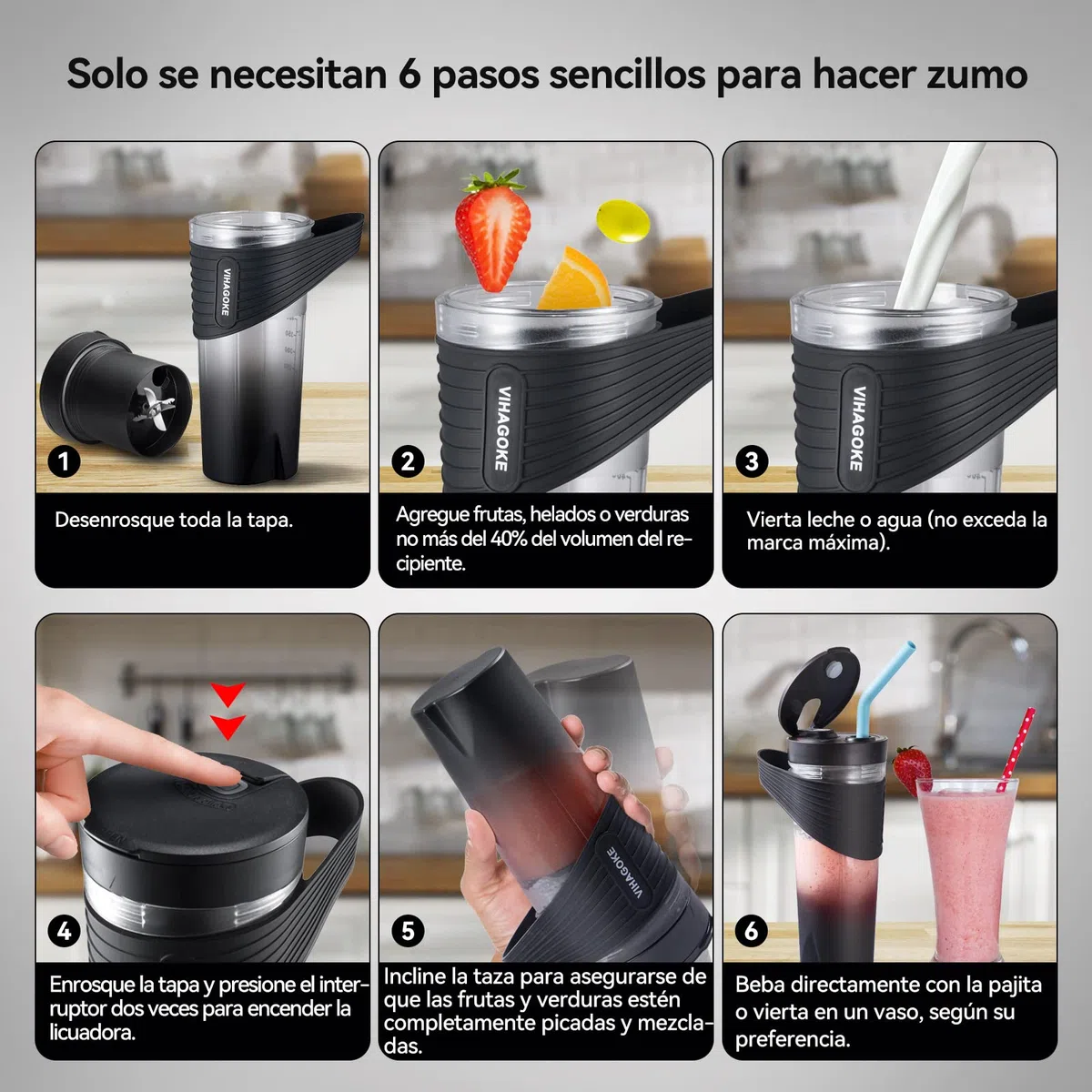 Mixer Smoothie Maker to Go, 460 ml, bottiglia Fresh Juice, 4000 mAh ricaricabile, 6 lame affilate, mini cannuccia in silicone, per viaggi e uso a casa, HD-07, nero