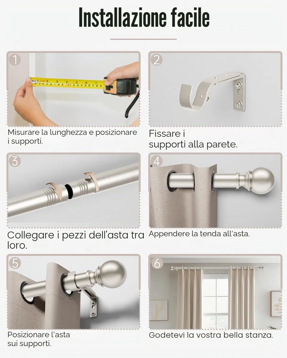 Bastone per tende 80-305 cm, Estensibile, Ø 25 mm, in metallo, con staffe incluse, supporta montaggio a parete e soffitto, per soggiorno, camera da letto e cameretta, nickel spazzolato