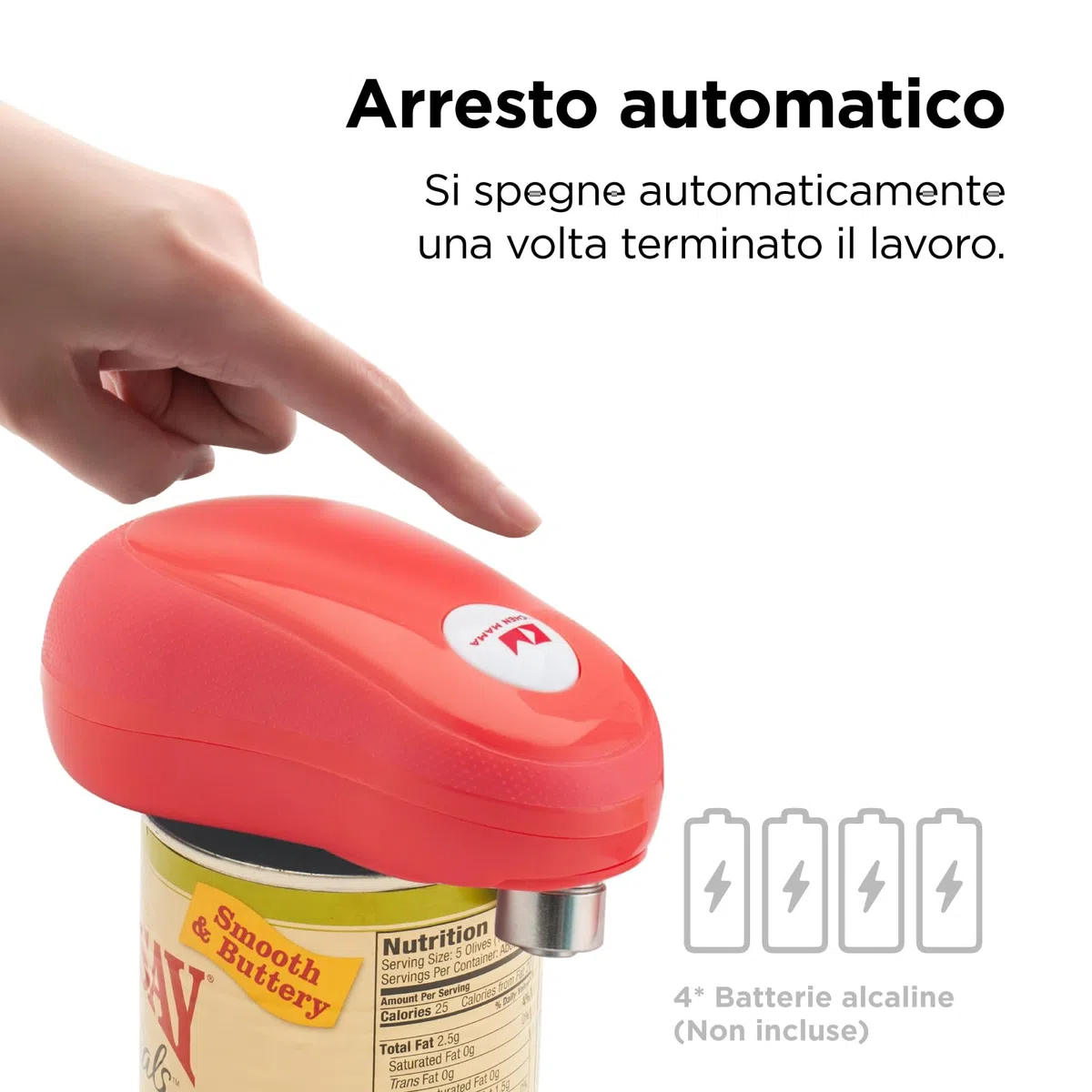 Kitchen Mama One -Touch Apriscatole Elettrico - Apri Lattine Automatico, Bordi Lisci e Sicuri, Ergonomico Facile Impiego Mani Sofferenti Artrosi, Design Compatto Senza Fili (Rosso)