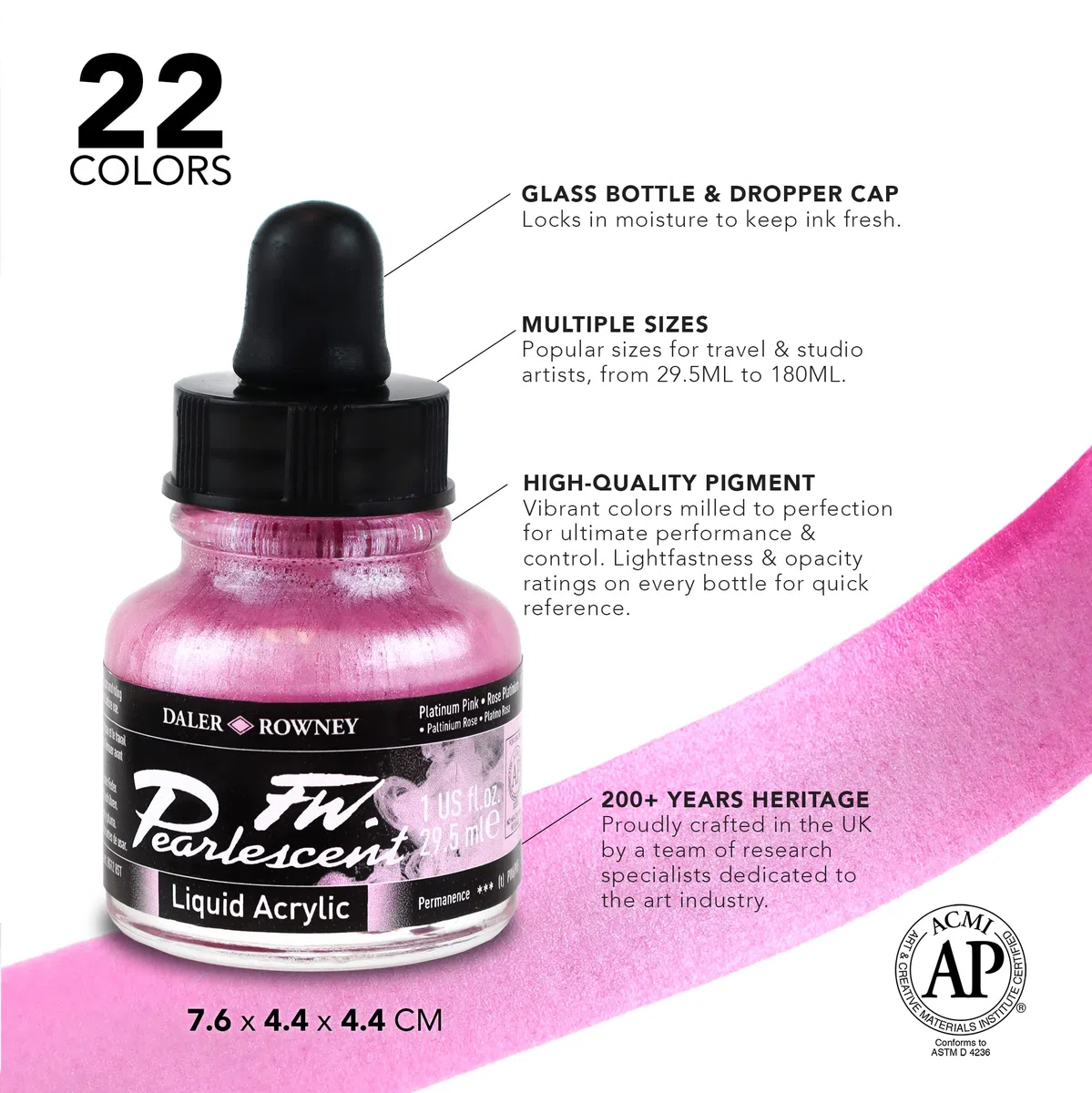 Daler Rowney FW, Set di inchiostri acrilici per artisti e studenti, 6 colori perlescenti con pennarello vuoto