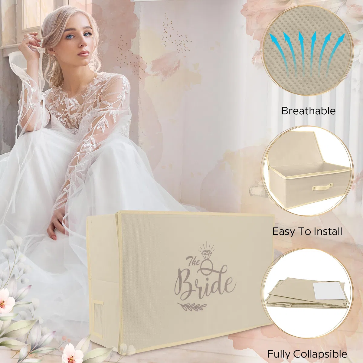 UK - Scatola di conservazione per abiti da sposa | Crema personalizzata per abiti da sposa sotto il letto | Scatola portaoggetti sotto il letto con 10 fogli di carta assorbente senza acidi |