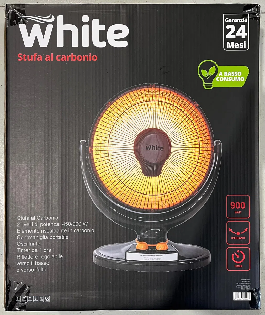 BRIGROS La voglia di fare, White - stufa al carbonio con palo allungabile elevata efficienza energetica e alto calore struttura a parabola con filamento di carbonio e base solida (Da pavimento)