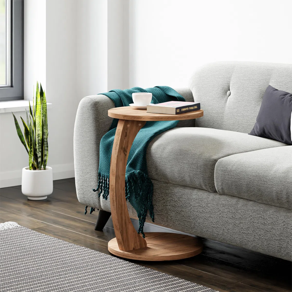 [en.casa] Tavolino da Divano (AxØ) 56 x 38 cm Tavolino Basso a Forma di C - Consolle con 4 Rotelle e Piano Rotondo - Effetto Legno