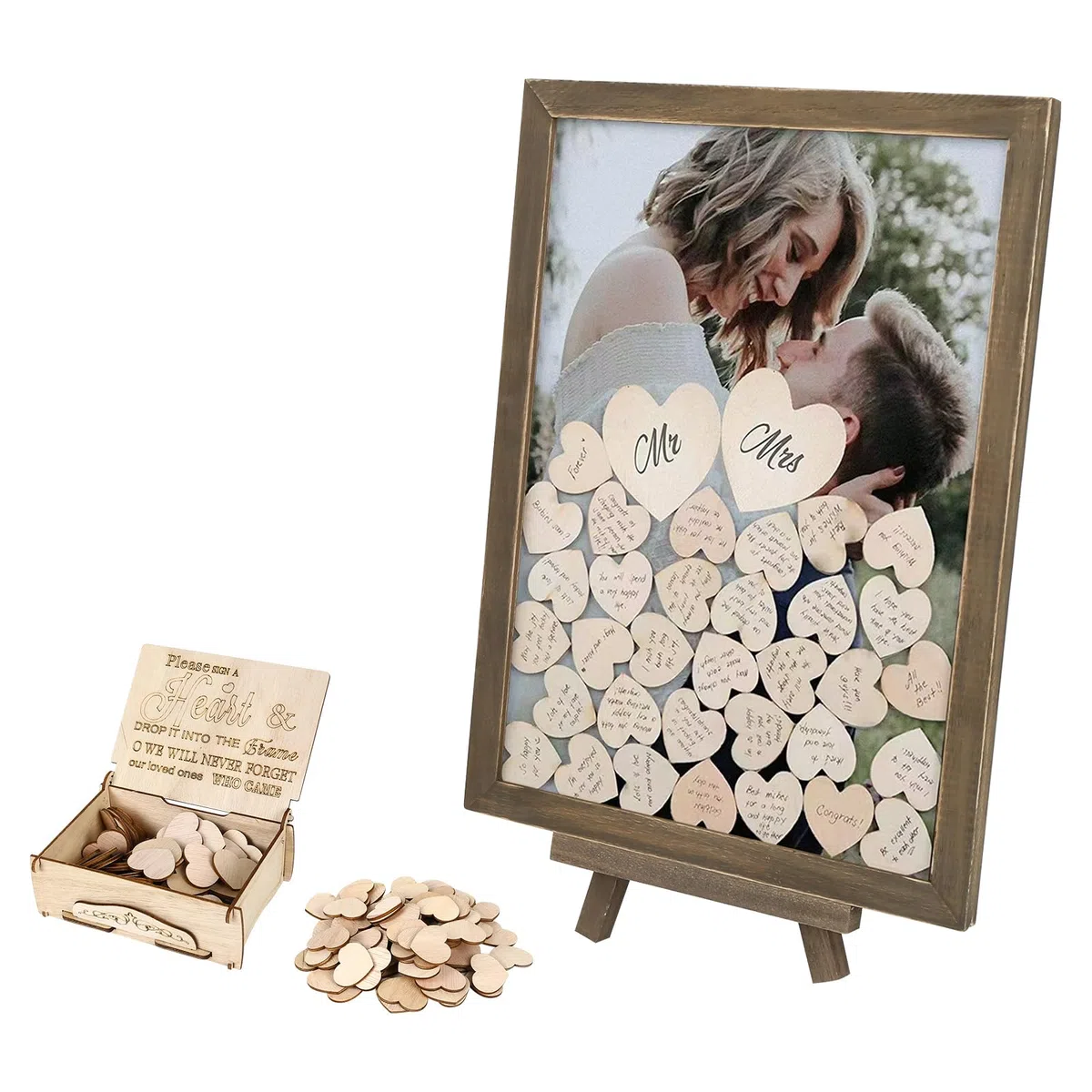 Libro degli ospiti per matrimonio in legno, con cornice portafoto, 100 cuori in legno da scrivere e 2 pennarelli, set per matrimoni, compleanni e baby shower