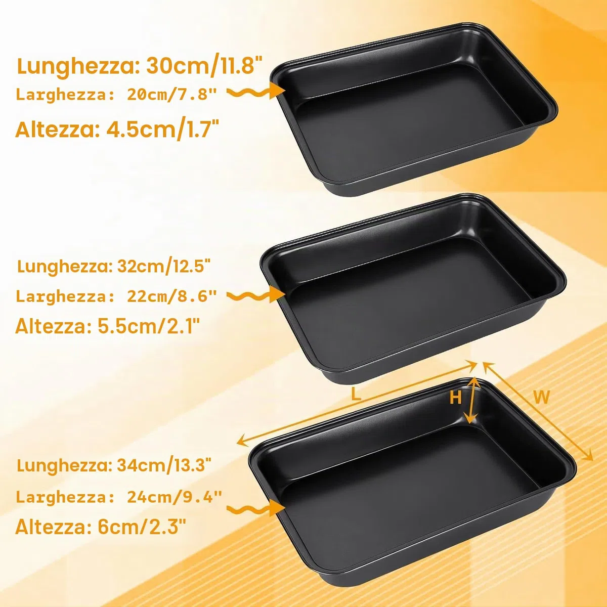 Set di 4 Teglie da Forno Rettangolari Antiaderenti, 3 Dimensioni in Carbon Steel Senza PFOA, Piastre per Arrostire, Cuocere e Servire, Nero