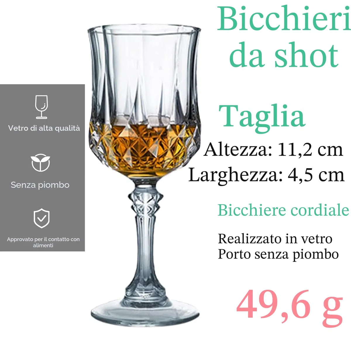 Bicchieri Cordial Con Gambo, da Sherry, da Liquore in Cristallo, da Limoncello, 50 ml (Set da 6)