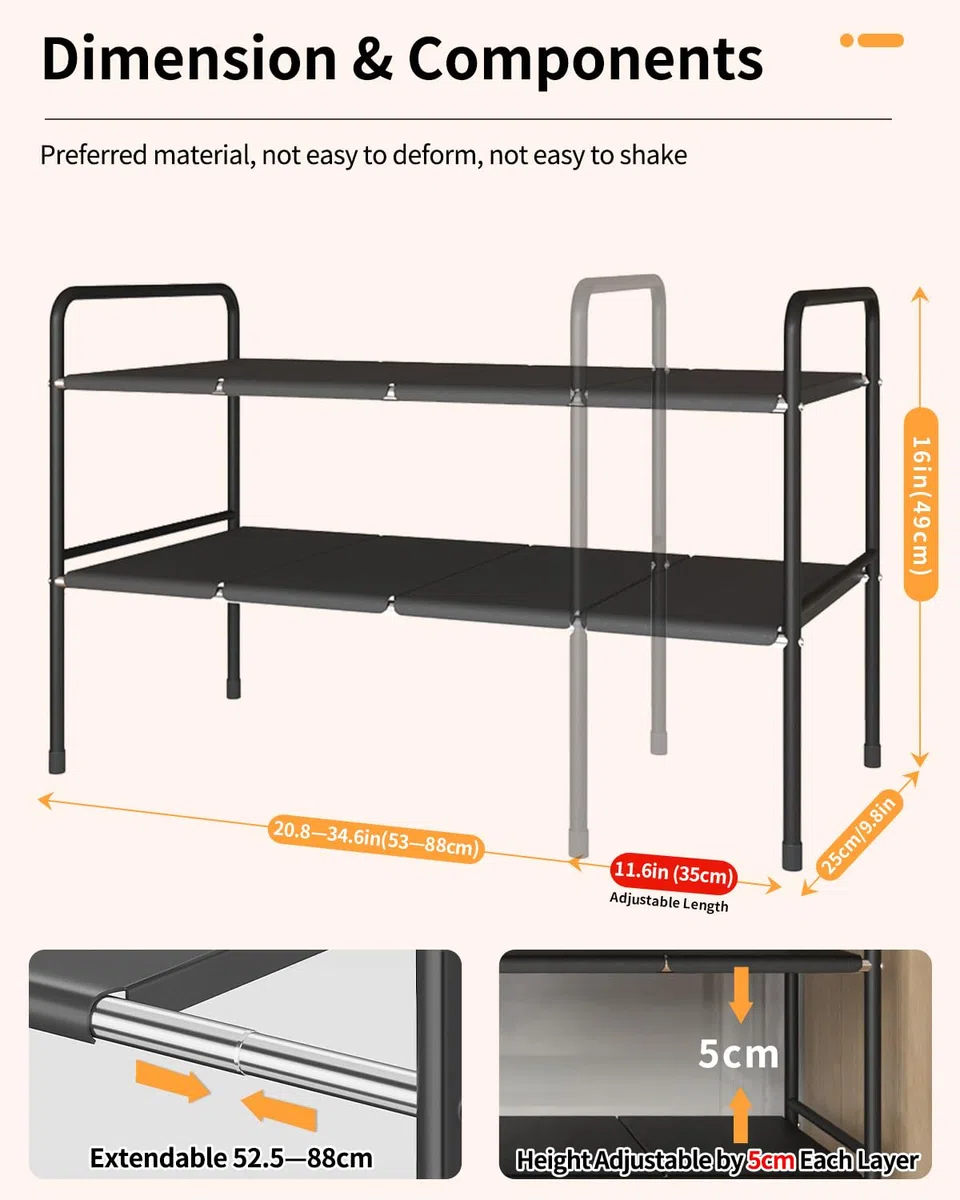 Organizer Cucina – Dimensioni Regolabili da 49 x 25 x (52,5~88) cm, Ripiano Estensibile Sottolavello in Acciaio Inox, Organizzatore Sottolavello Cucina (8 Pannelli)