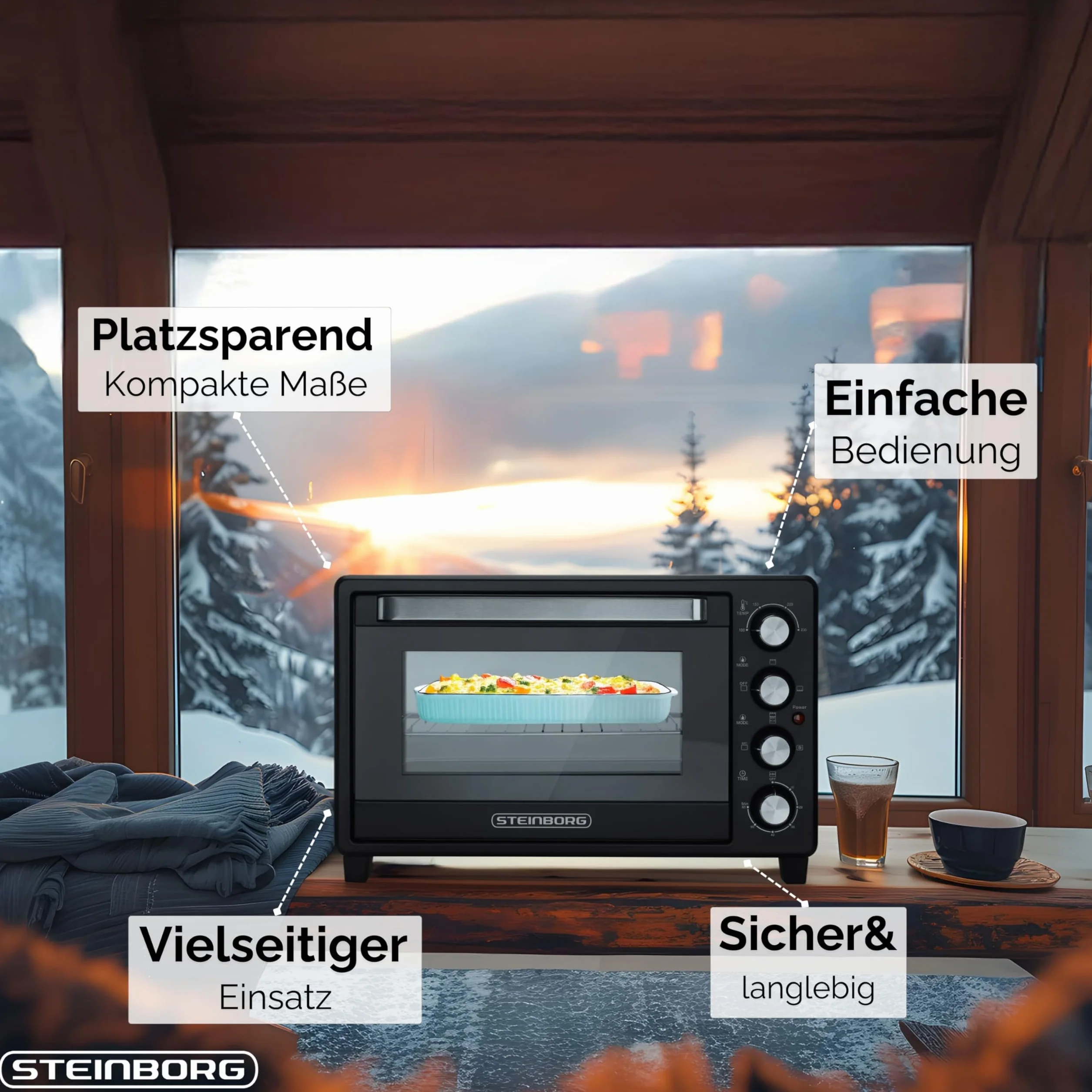 Steinborg Mini forno da 35 litri con convezione e spiedino, piastra per briciole, calore superiore e inferiore, 1.600 Watt, mini forno con timer, piccolo forno, autoportante, regolazione della