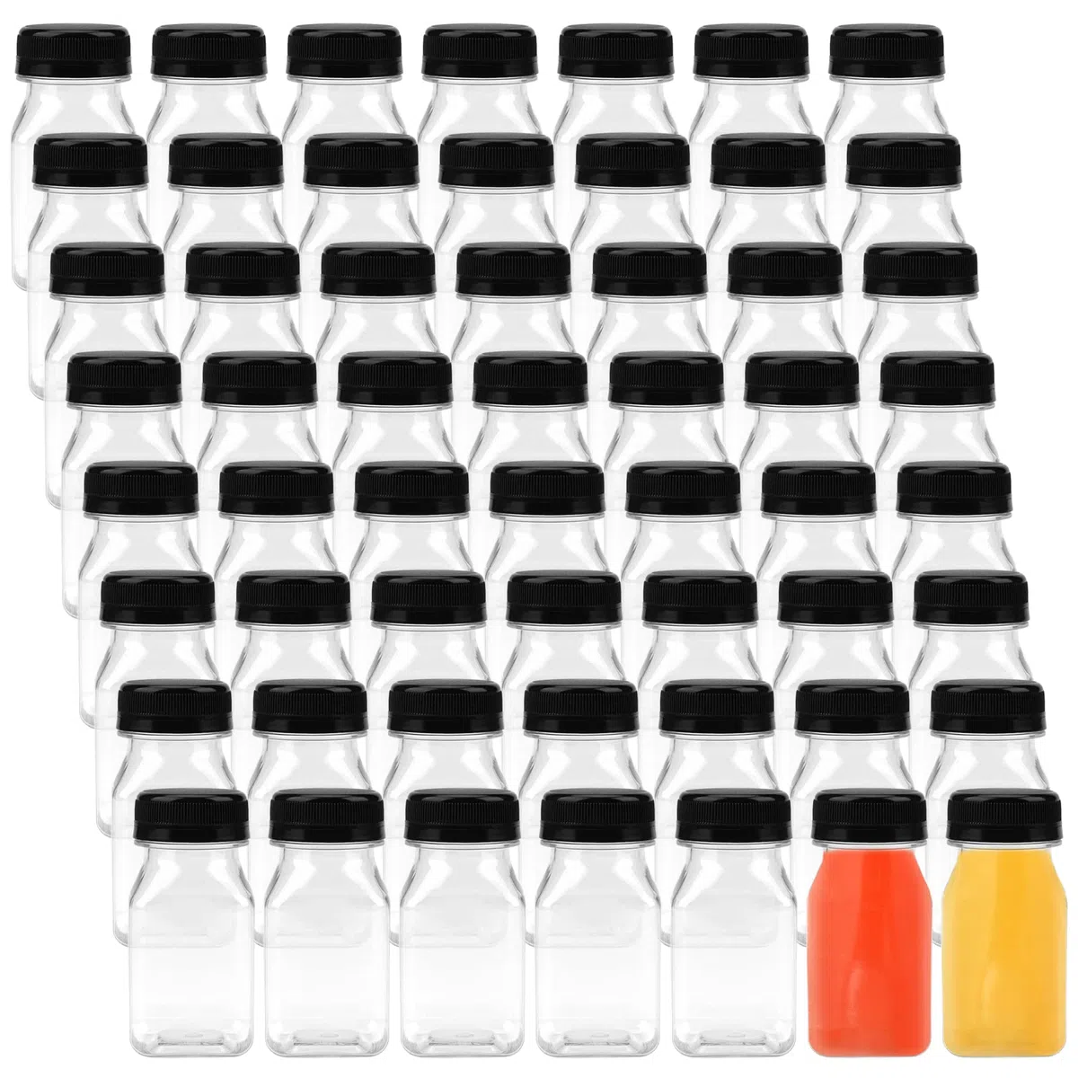 Confezione da 56 bottiglie di succo di plastica da 100 ml con tappi neri, bottiglie vuote riutilizzabili con coperchio, contenitori trasparenti per succo di frutta, frullato e latte