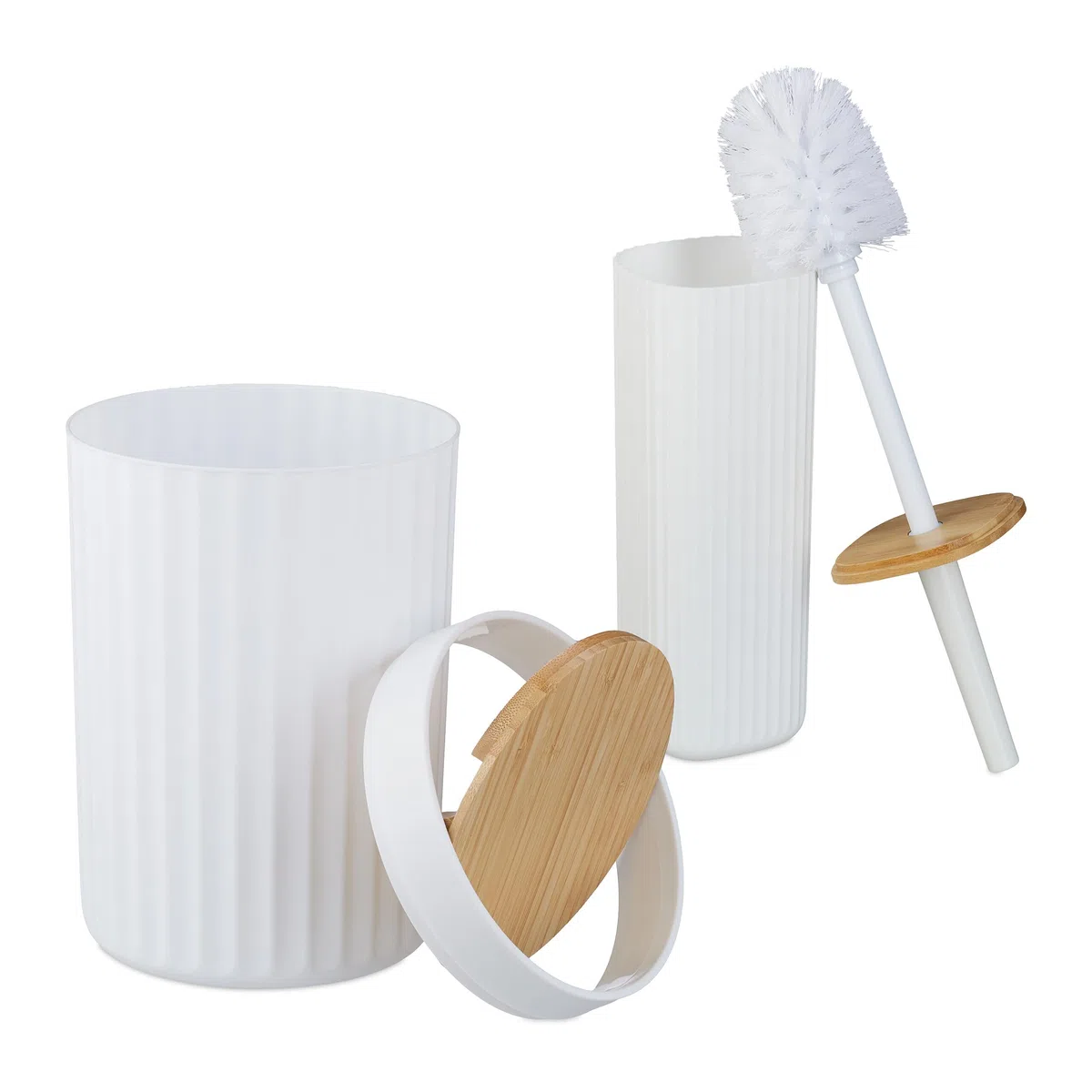 Relaxdays Set Bagno 6 Accessori, Cestino, Scopino WC, Portasapone, Saponetta, Portaspazzolino, Plastica e bambù, Bianco