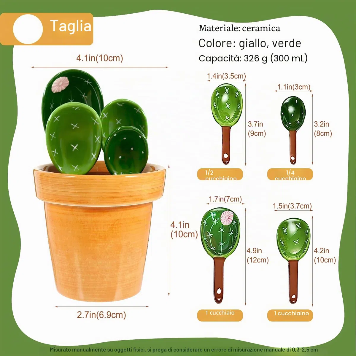 Set di cucchiai dosatori in ceramica a forma di cactus, 5 pezzi, simpatici misurini e cucchiai per cucina, per misurare liquidi, alimenti, sale e zucchero, con base tazza (verde)