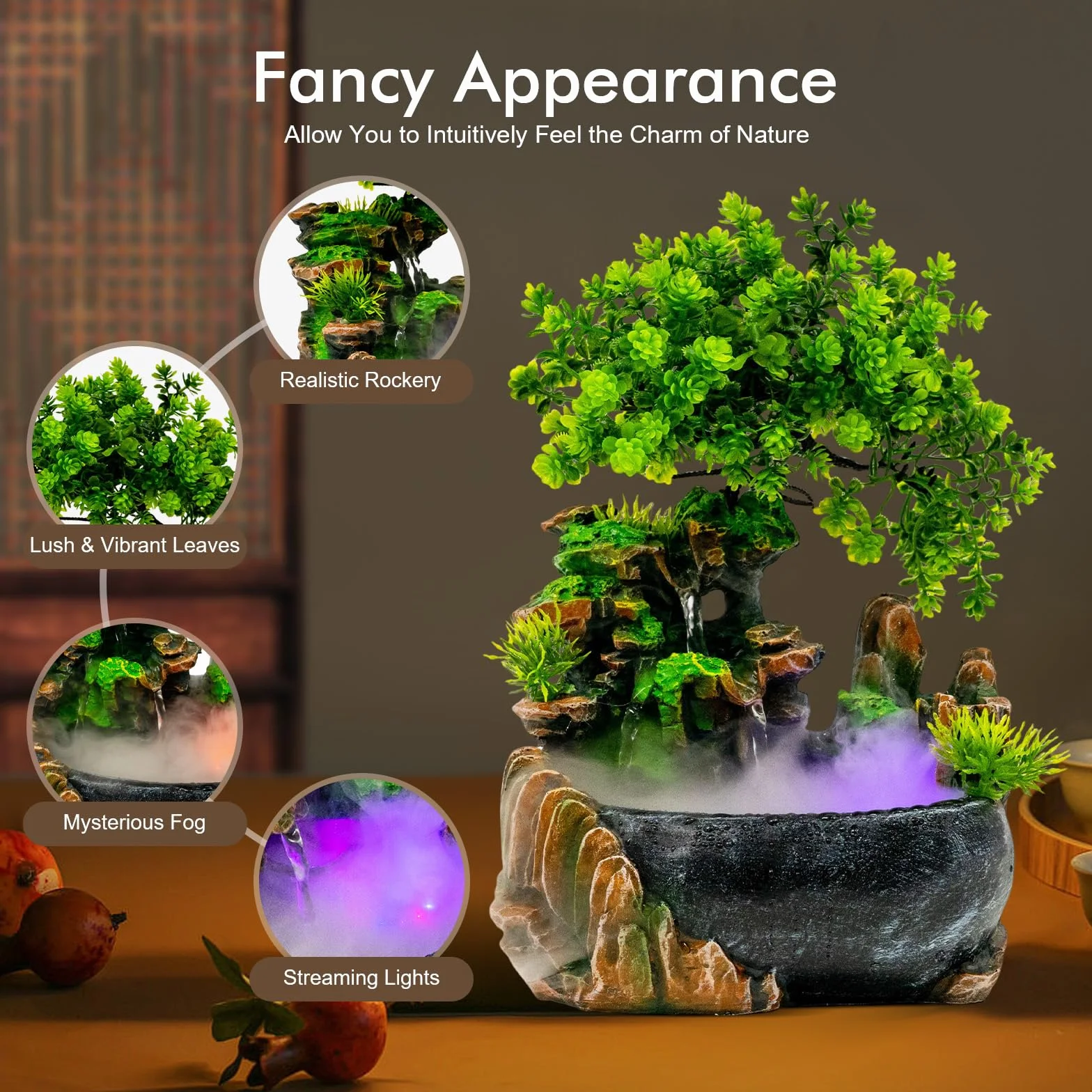 Fontana da interno con illuminazione LED, Fontana da tavolo per soggiorno, scrivania, cascata desktop, bonsai ornamentale, fontana da tavolo a cascata, fontana da scrivania con piante, decorazione