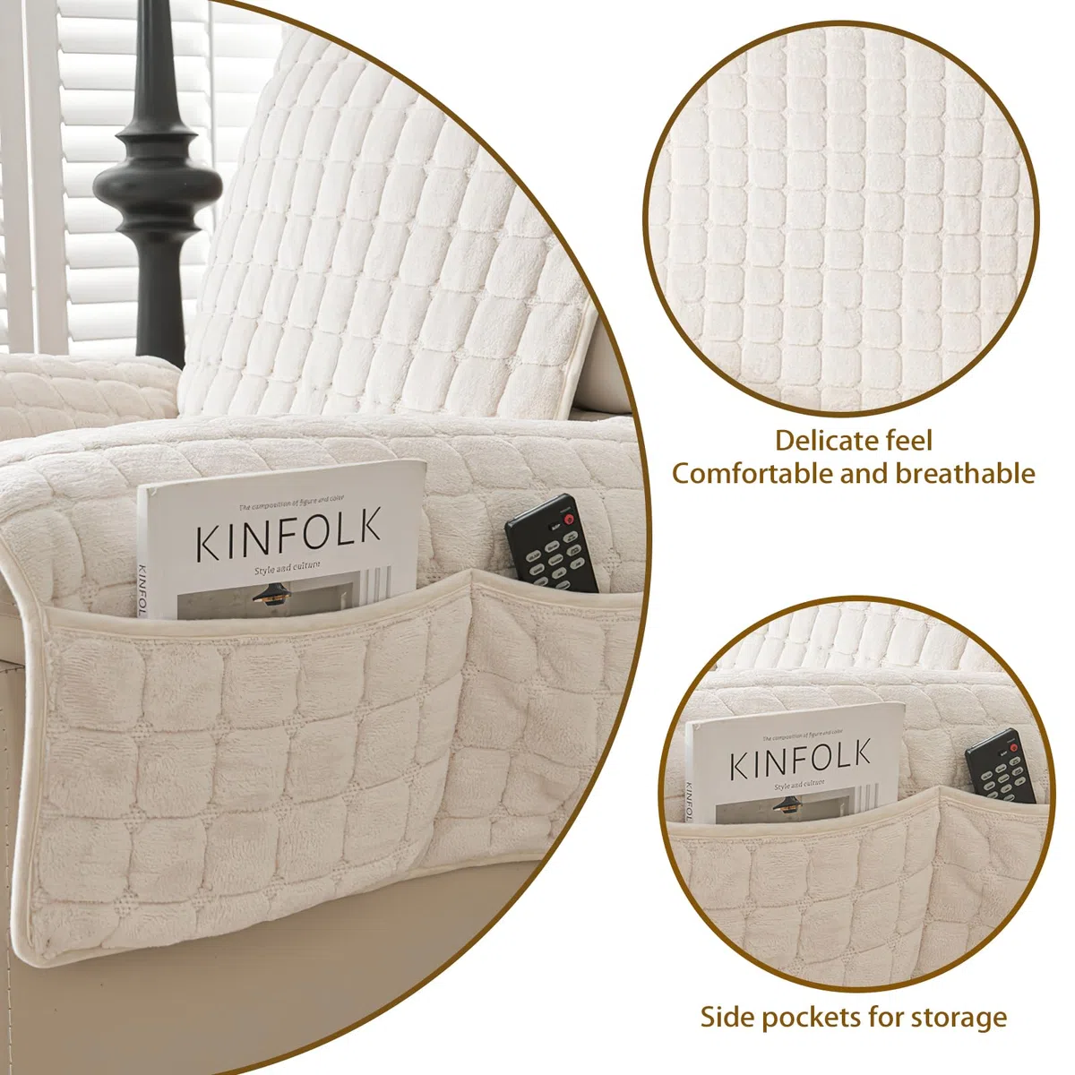 Copripoltrona Relax Reclinabile Universale, Copripoltrona 1 Posto con Tasche e Elastico, Copri Poltrona con Braccioli – Protezione Anti-Macchie e Antigraffio, Lavabile, Beige, 1 Posto(53*190cm)
