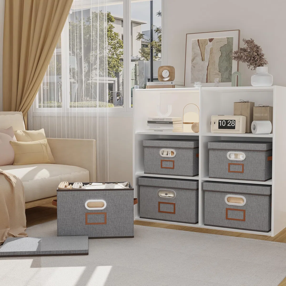 OUTBROS Scatole Portaoggetti con Coperchio, 38 x 25 x 25 cm Cesto Pieghevoli con Maniglie, Contenitori Armadio, Organizzatori per Vestiti (2 Pezzi, Grigio)