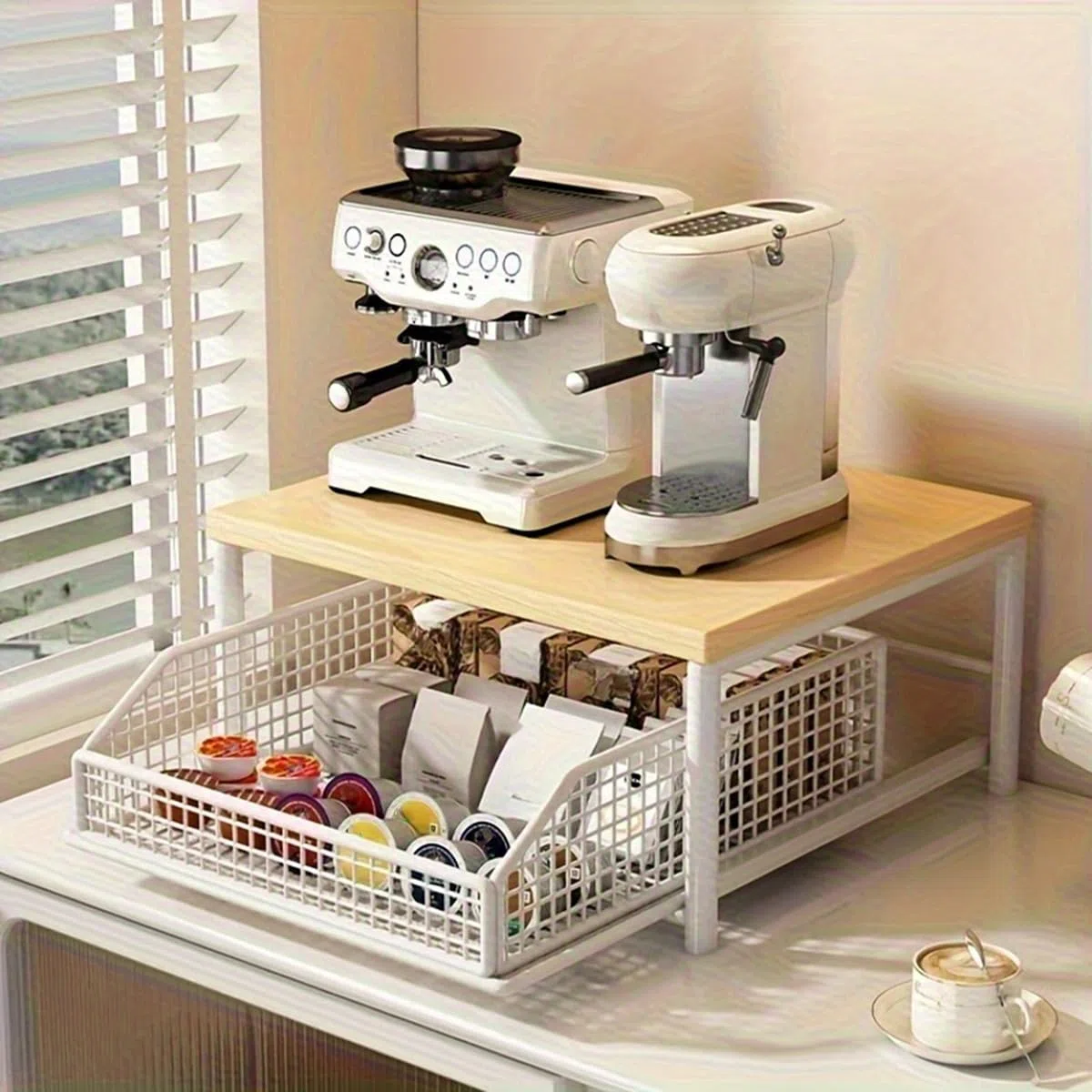 Mensola in Legno Massello Resistente per Macchina da caffè - Organizzatore da Cucina da Banco con Cassetto e Cesti in Rete - Design Salvaspazio Nero