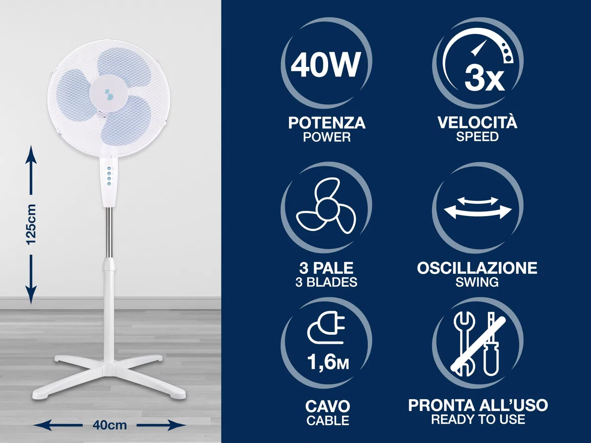 BEPER P206VEN103 Ventilatore a Piantana 3 Pale, Altezza Regolabile fino a 125cm, 3 Velocità, Oscillazione Automatica, Montaggio Facile Senza Utensili, Griglia 40cm in Acciaio, Base a Croce, 40W
