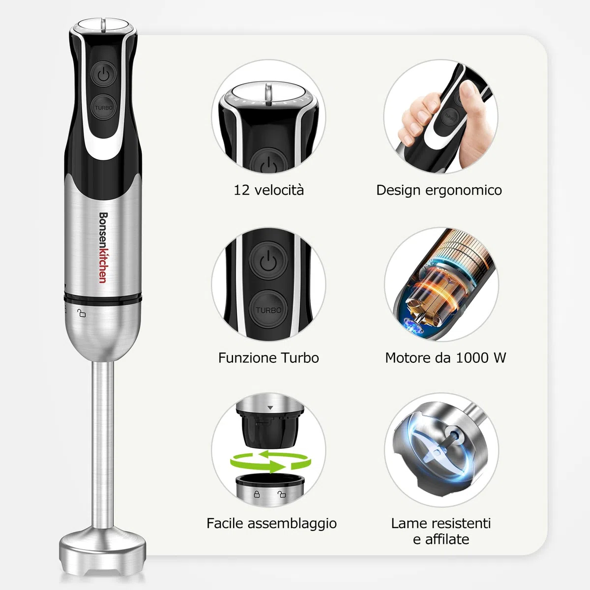 Bonsenkitchen Frullatore a Immersione 4 in 1, 1000W Inox con 12 Velocità e Turbo, Include Frusta, Bicchiere 700ml, Tritatutto