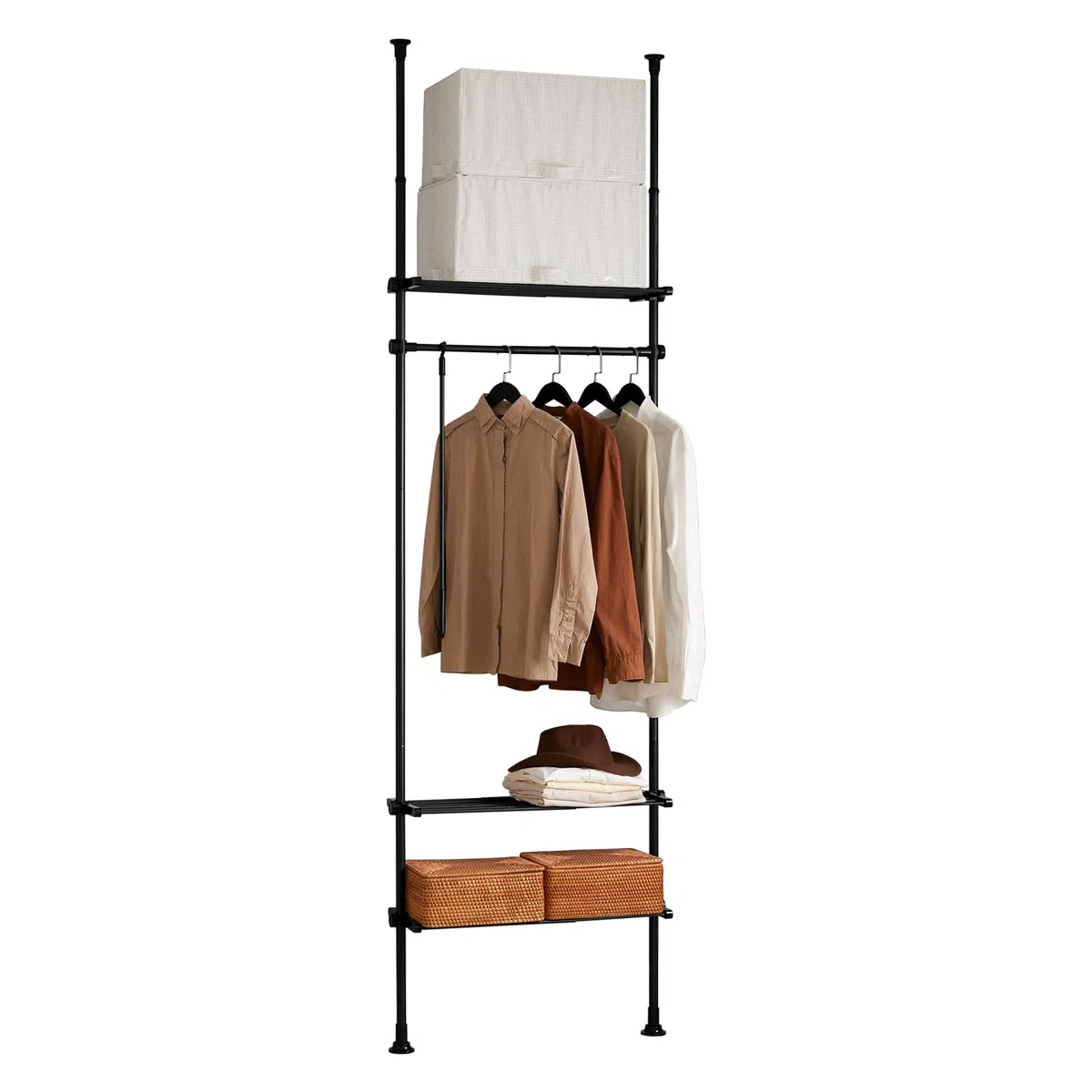 SoBuy Telescopic Appendiabiti da Terra, Robusto Stand Appendiabiti con Aste e Ripiani, Armadio Aperto Regolabile per Camera da Letto, Porta Abiti Nero KLS07-SCH