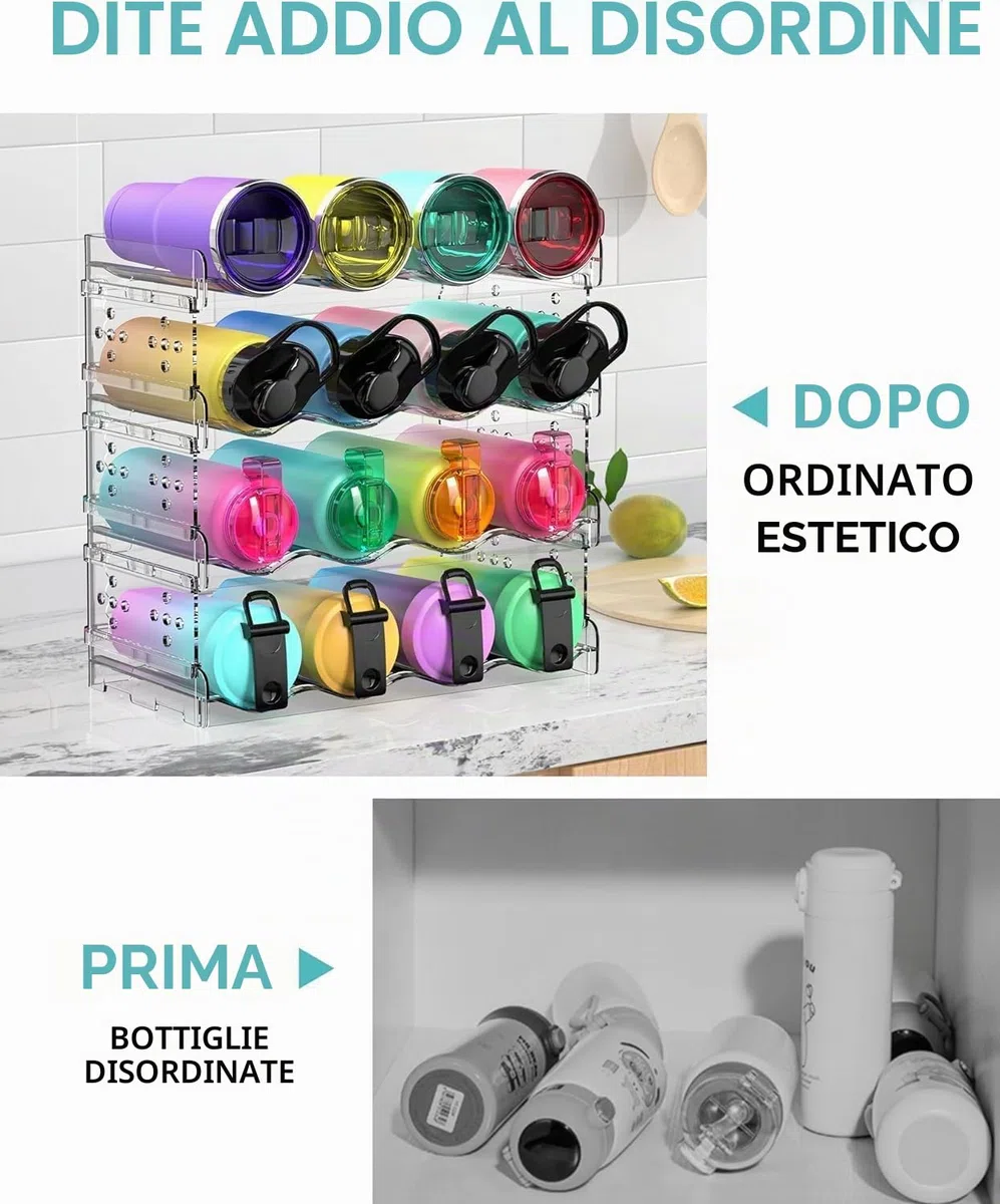 Portaborraccia impilabile per cucina, porta bottiglie di vino,dispensa, organizer per bottiglie d'acqua in plastica, per frigorifero, armadio da cucina, vino, 4 pezzi