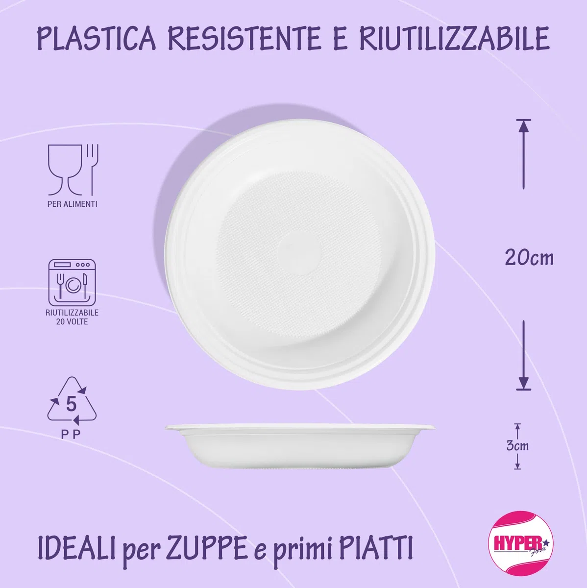 Hyper Form - 200 Piatti Fondi di Plastica Riutilizzabile Rigida, Lavabili 20 Cicli in Lavastoviglie