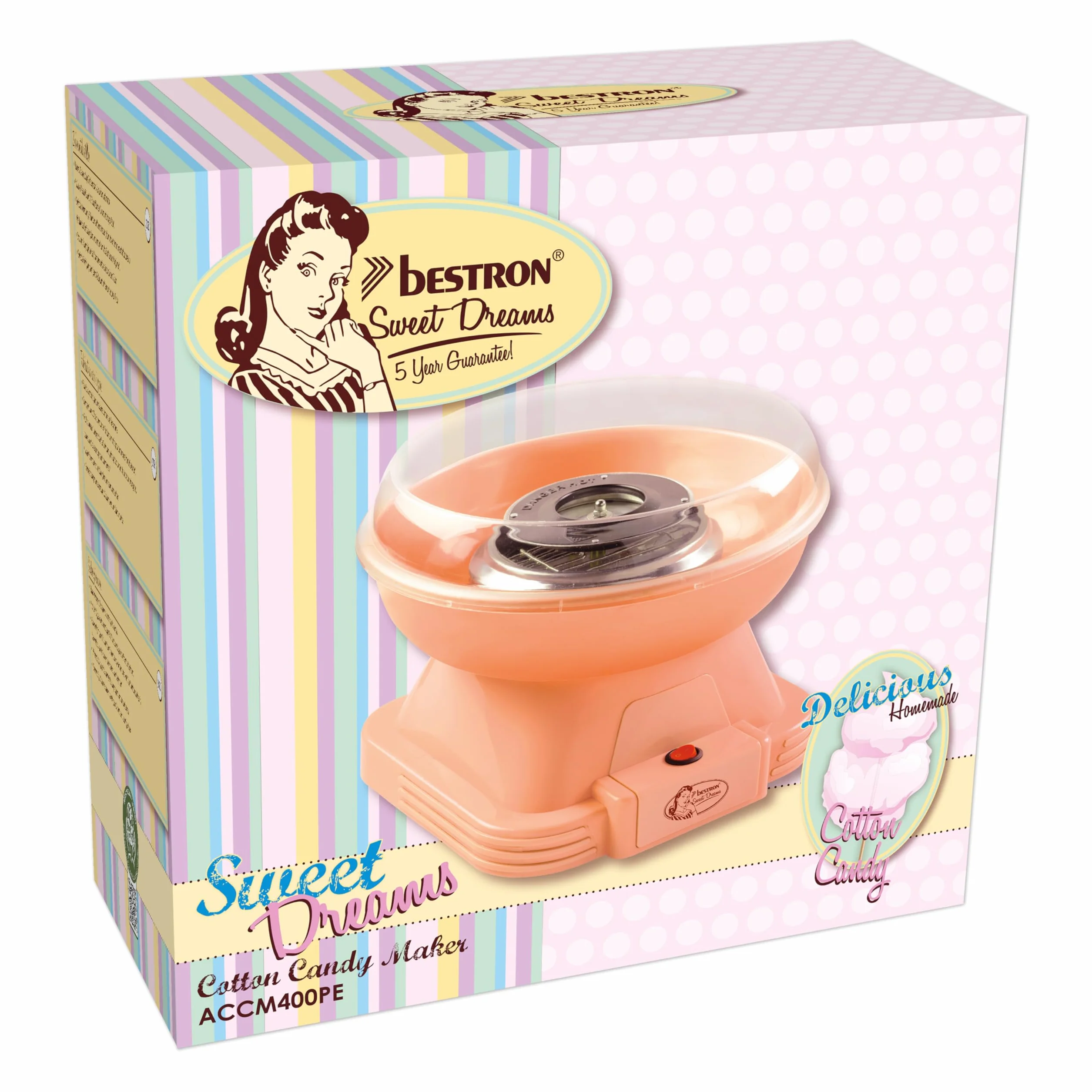 Bestron Macchina per zucchero filato in per casa, dispositivo per zucchero filato con 10 bastoncini e misurino, ideale per feste di compleanno per bambini e divertimento in casa, colore: Arancione