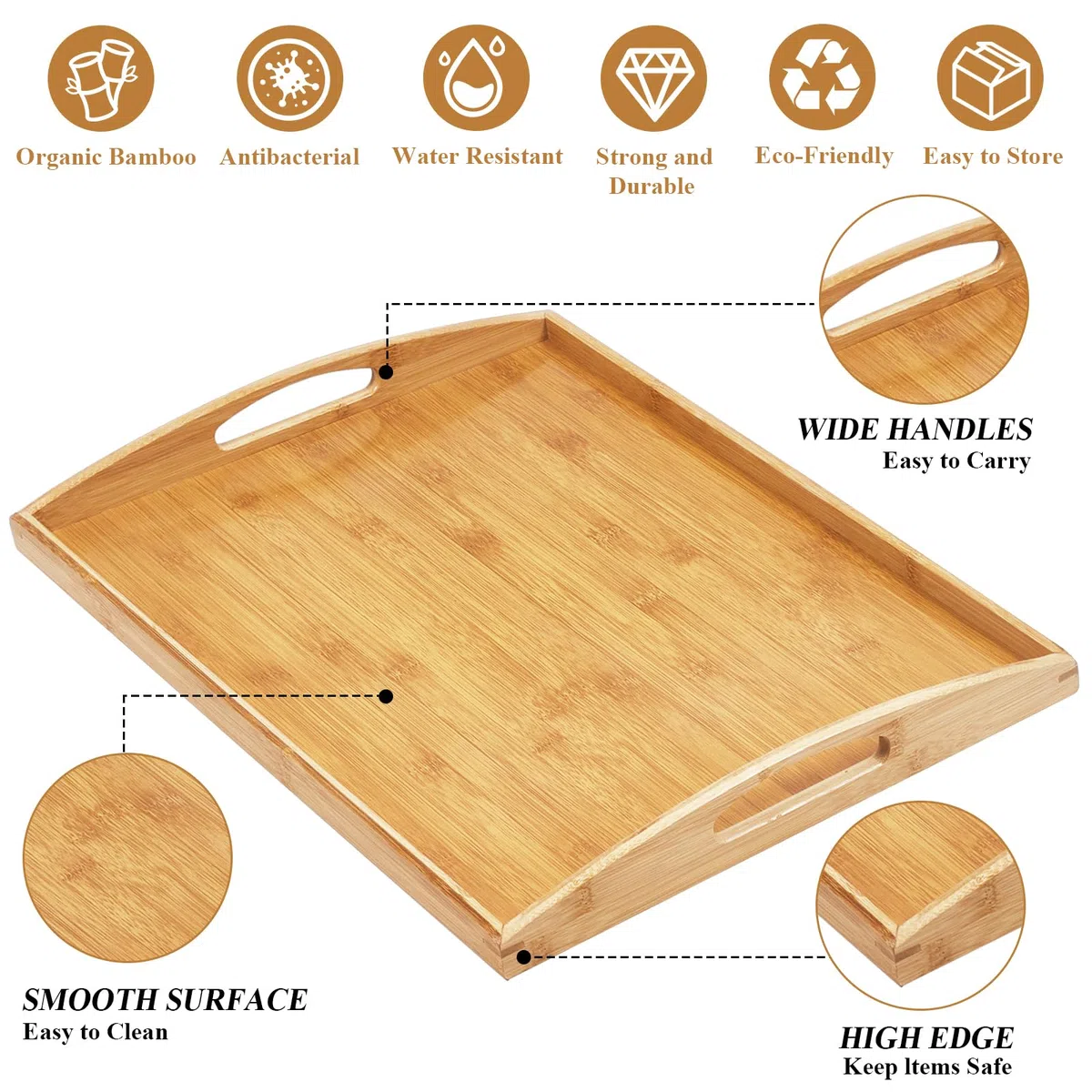 Vassoi in legno extra grandi per servire cibo, vassoio rettangolare in bambù con manici per colazione e cena, vassoio in legno per servire tè, caffè e snack (50 x 40 CM)