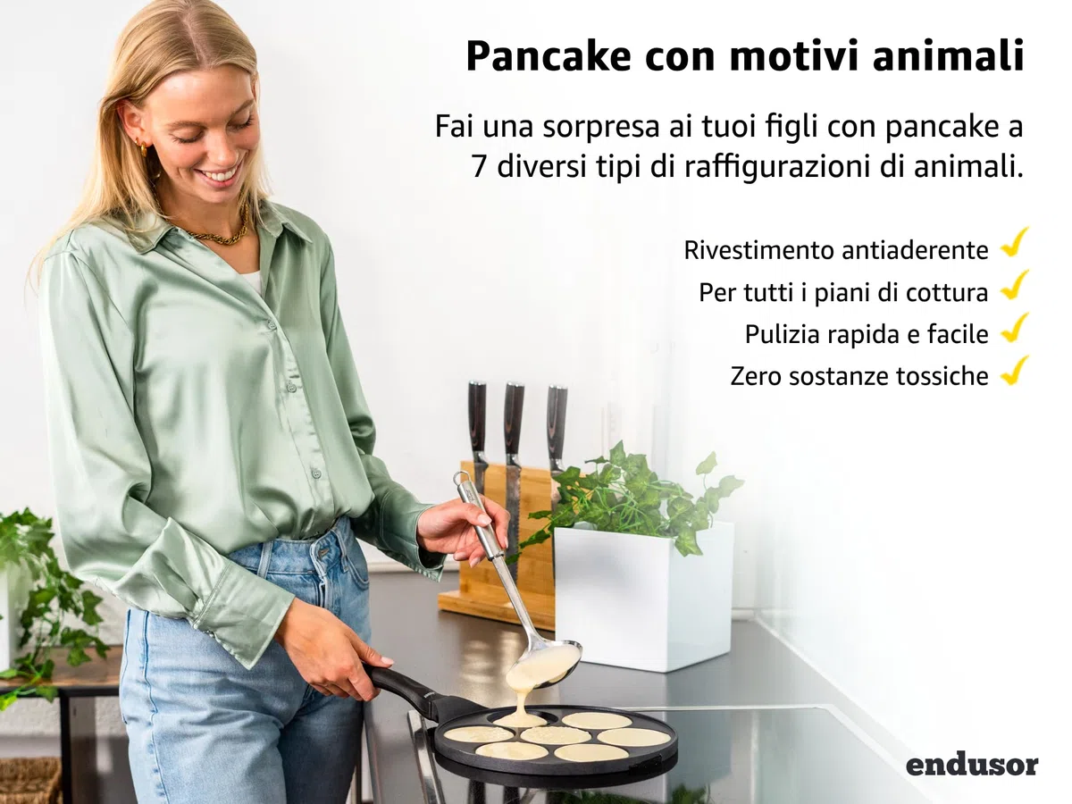endusor Padella per Pancake Animali per Bambini - Ø26cm Padella per Pancake antiaderente | Per Fornelli a Induzione Gas Ceramica Elettrici | Piastra 7 stampi divertenti per Pancakes Motivo Animali