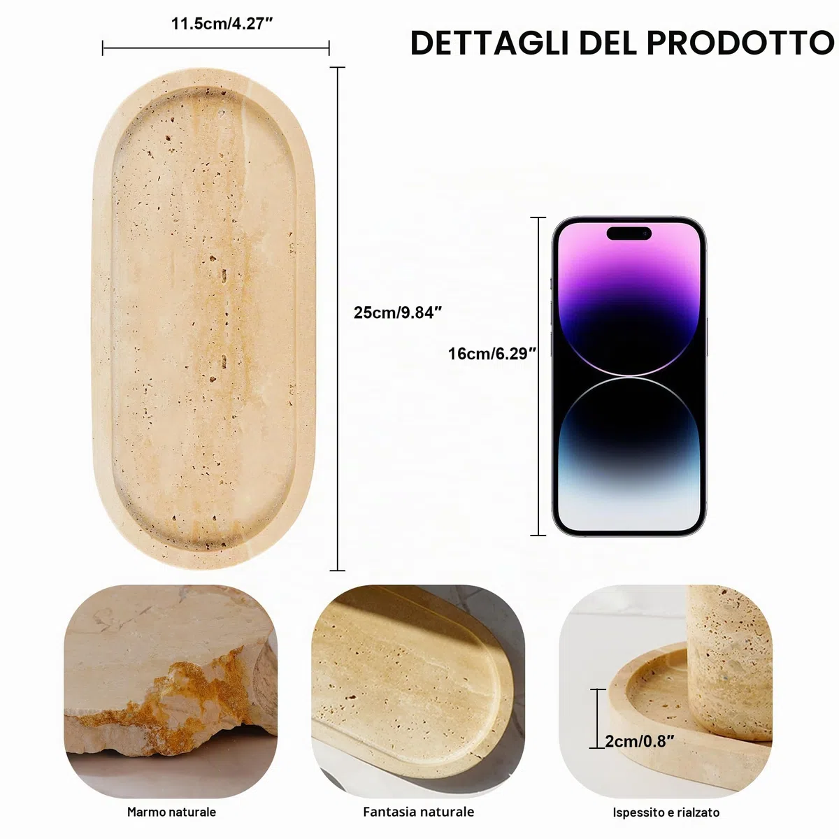 Italy - Vassoio ovale in marmo, piccolo, per gioielli, candele, profumo, nippes, bagno, cassettiera, cucina, organizer per la decorazione della casa, travertino beige BH102