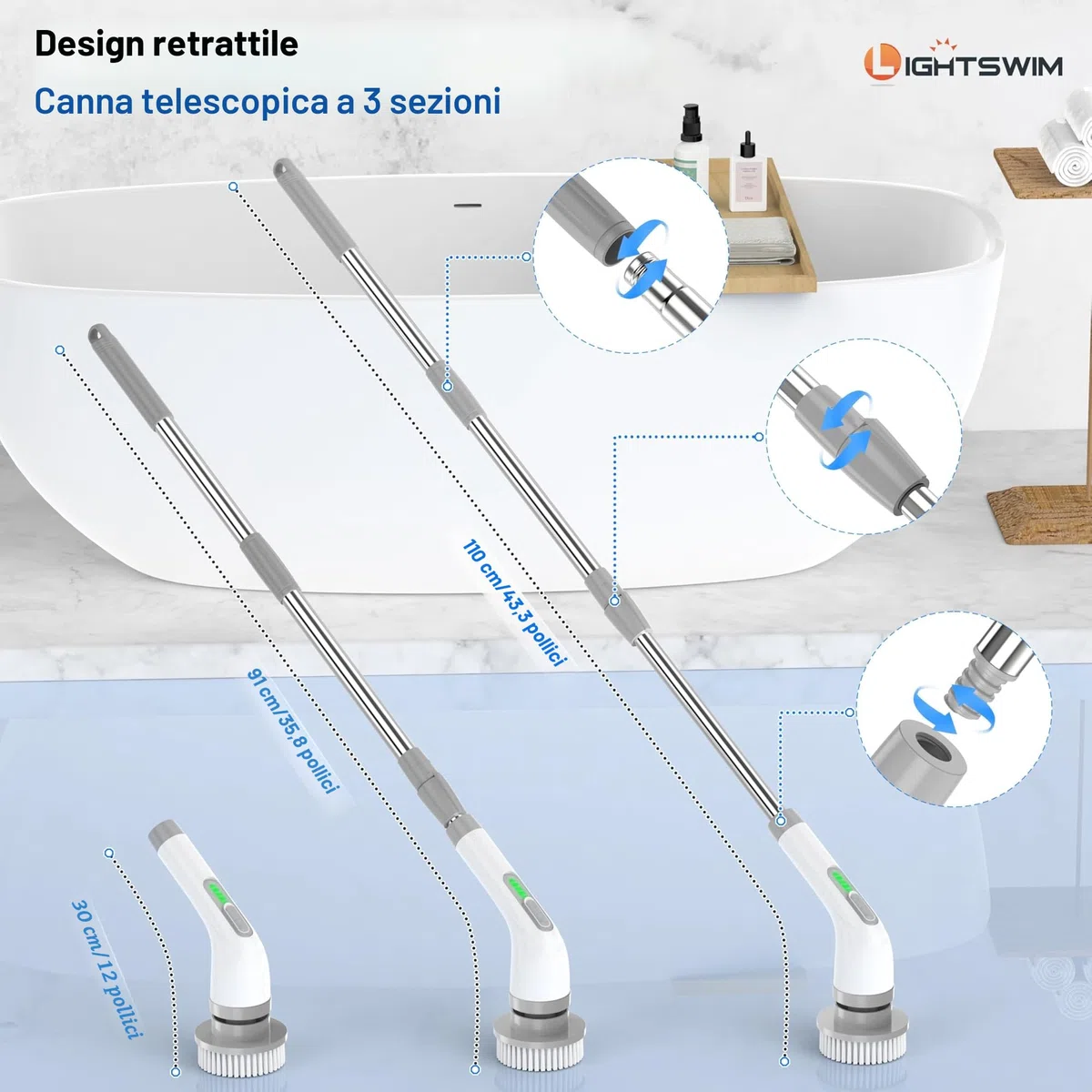 Spazzola elettrica rotante 7 in 1, potente pulizia a 420 giri/min, spazzola per il bagno da 1,5 ore a doppia velocità con braccio di prolunga per cucina, auto, piastrelle, pareti, pavimenti, doccia
