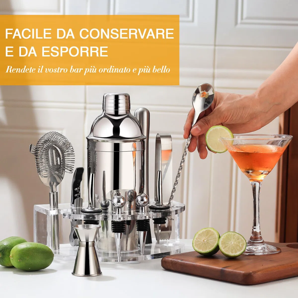 Set Shaker Cocktail con Supporto, Kit Cocktail in Acciaio INOX con 12 pezzi di accessori da bar, 750ML Dosatore Cocktail Set per Home Bar Party Wedding, Kit Barman Regali per Papà uomini (Argento)