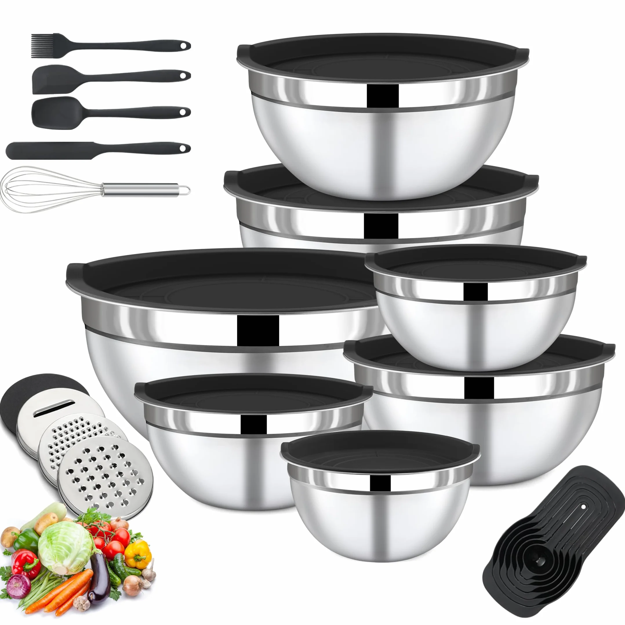 BEWOS Set di 7 Insalatiera con Coperchio - Ciotole Acciaio Inox Cucina Set con Grattugia, Ciotole Cucina Lavabile in Lavastoviglie, Misure 0,74, 1,16, 1,59, 2,00, 2,75, 3,38, 4,54 QT per Mescolare