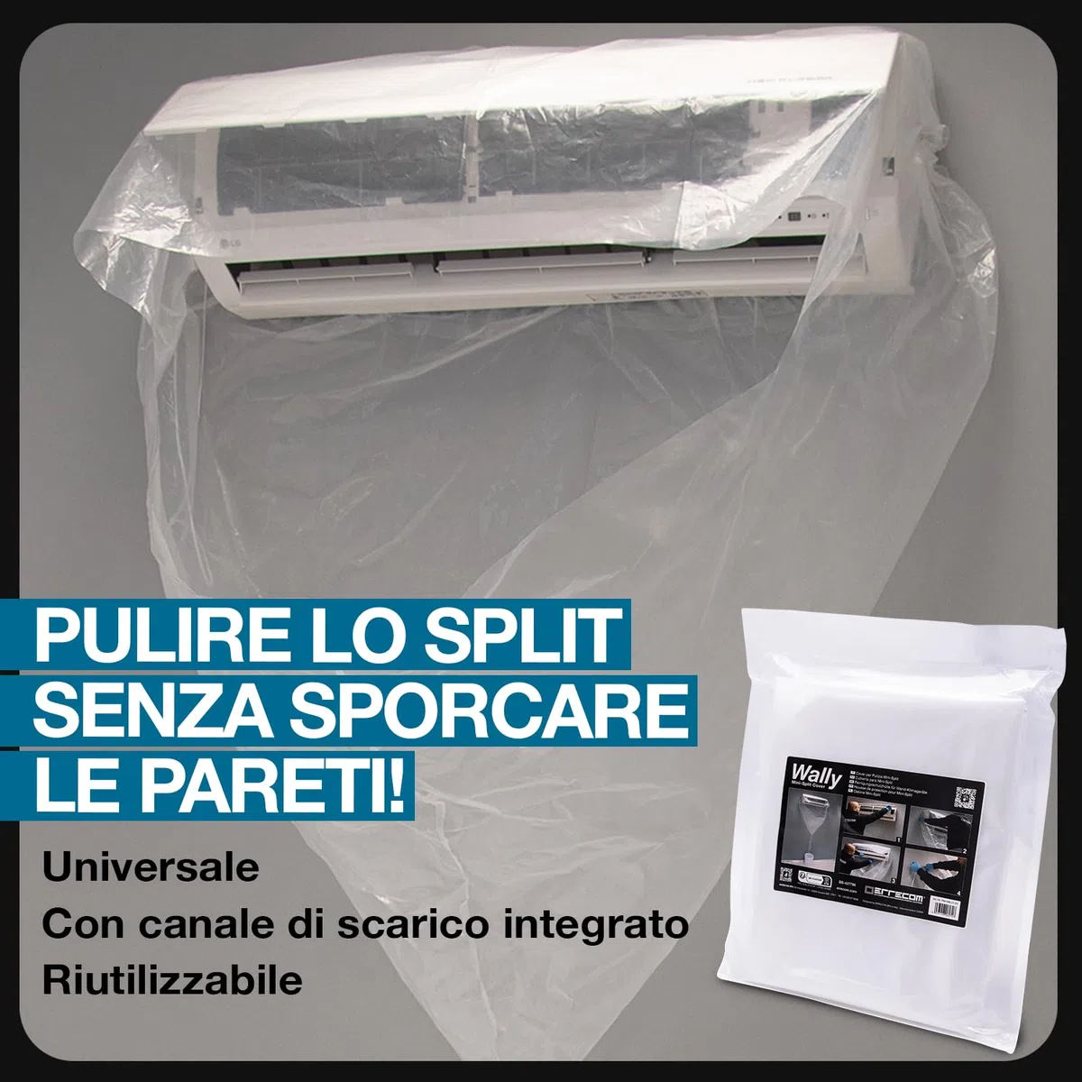 ERRECOM Kit Pulizia climatizzatori, Include Clima-Net 1L detergente Pulizia unità Interna e filtri, Cover Protettiva Wally, Bio Alkaline 1L detergente alcalino bio Pulizia unità Esterna, Guanti