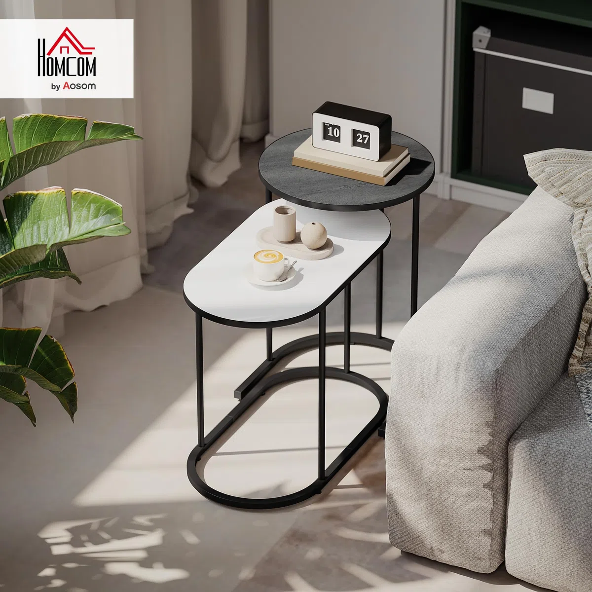 HOMCOM Set di 2 Tavolini da Salotto Impilabili, Tavolini Bassi con Telaio in Metallo per Soggiorno, Camera da Letto e Ufficio, Grigio e Bianco