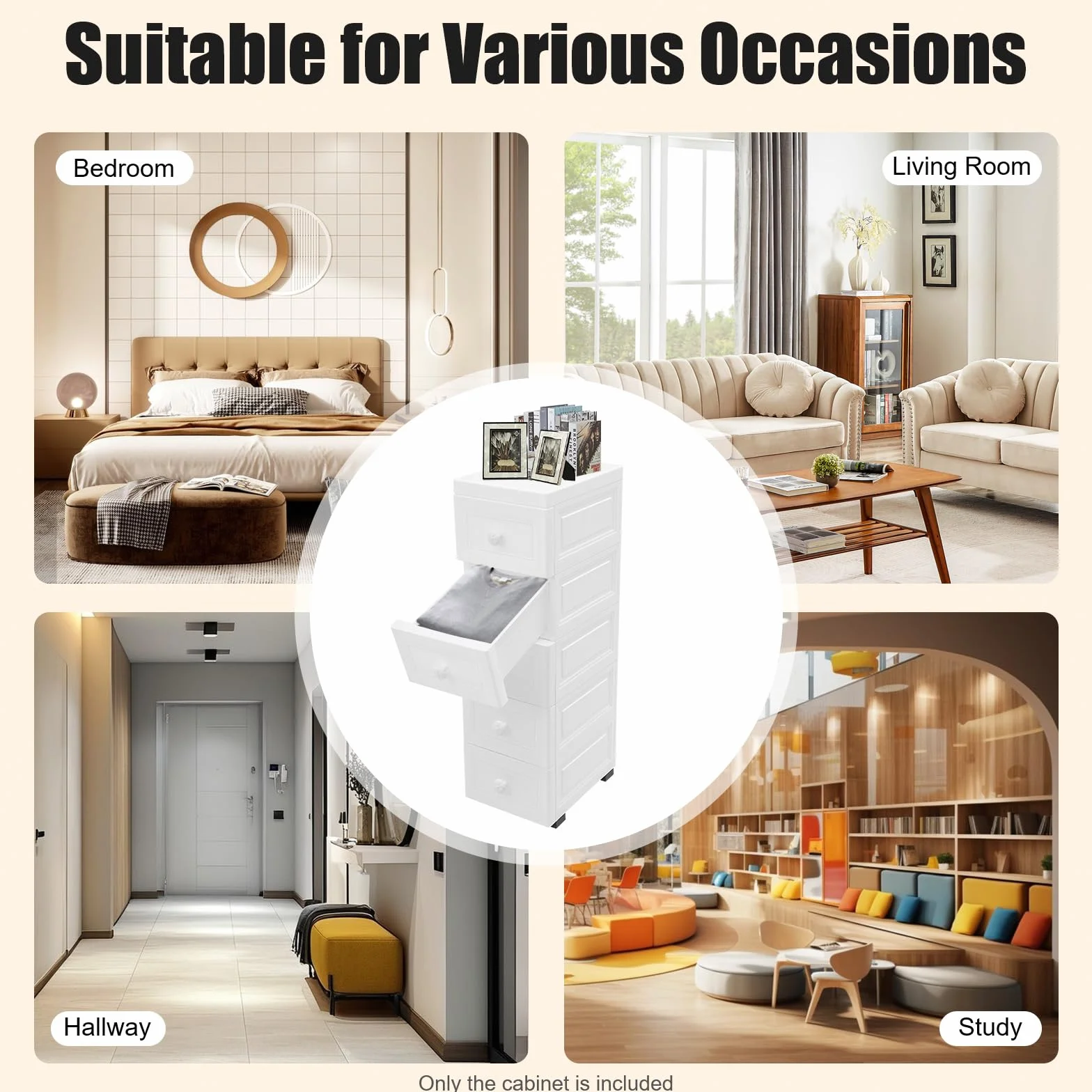 Cassettiera a 5 cassetti, bianco, carrello da cucina e carrello da bagno con ruote, carrello da cucina, scaffale da bagno, altezza 82 cm, grande capacità per soggiorno, camera da letto e ufficio